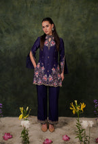 De Lara Indigo Chanderi Kurta With Silk Pant