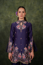 De Lara Indigo Chanderi Kurta With Silk Pant