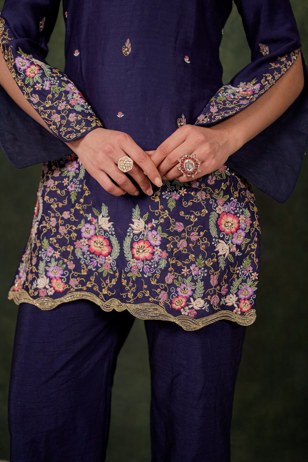 De Lara Indigo Chanderi Kurta With Silk Pant