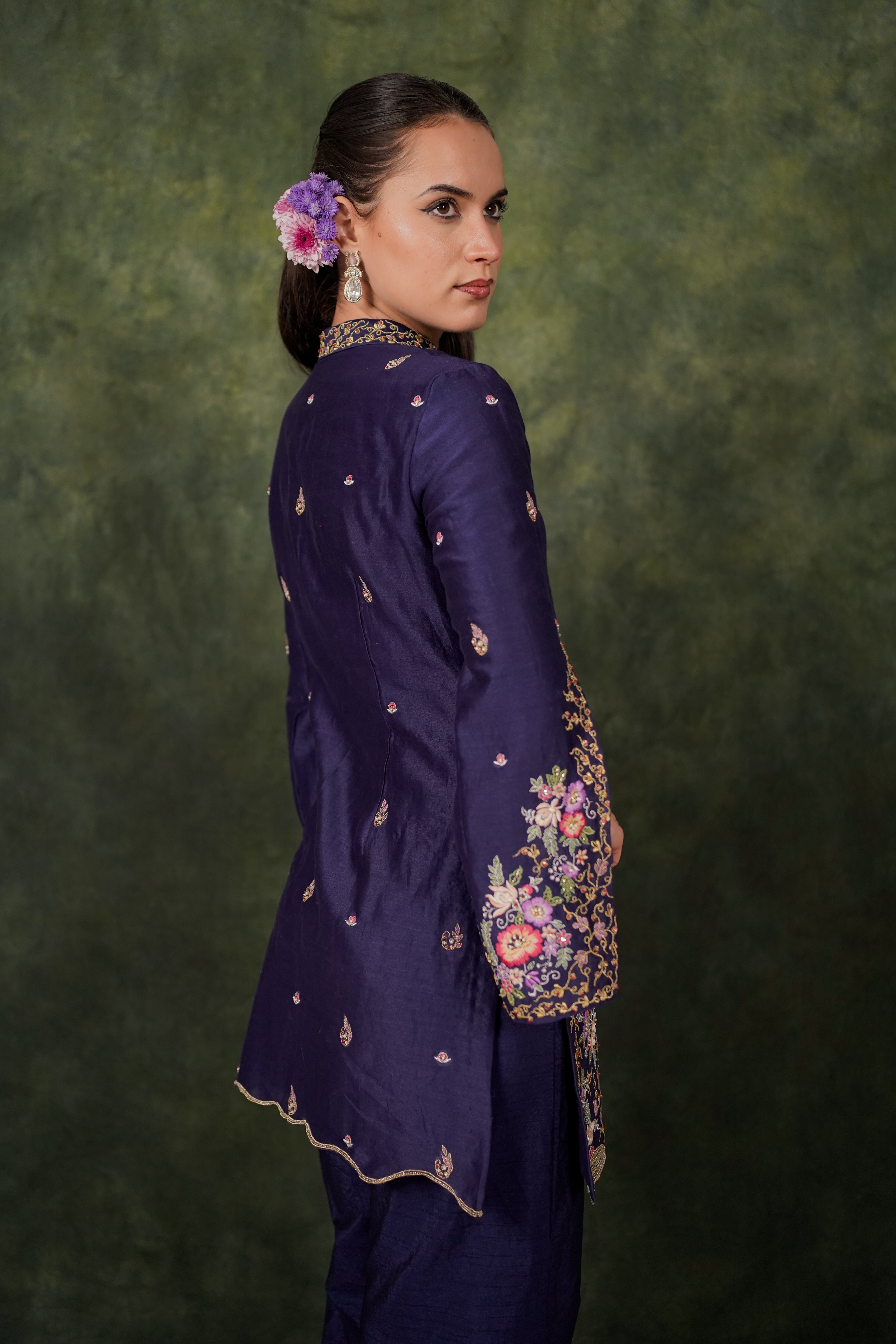 De Lara Indigo Chanderi Kurta With Silk Pant
