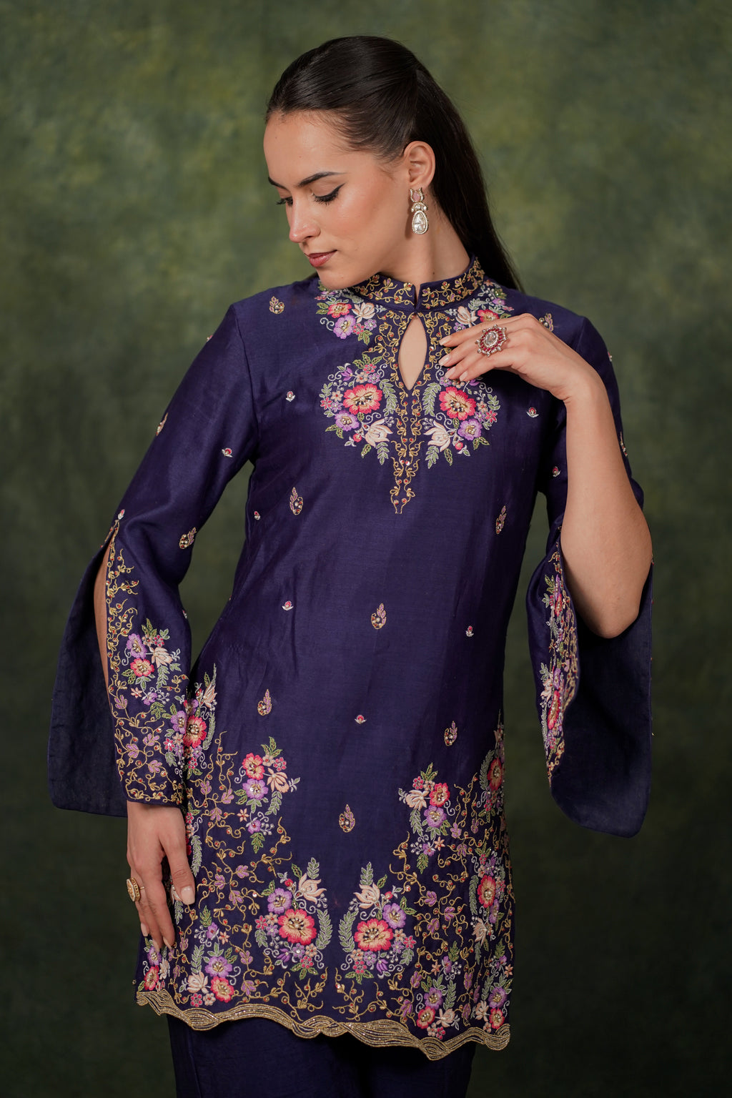 De Lara Indigo Chanderi Kurta With Silk Pant