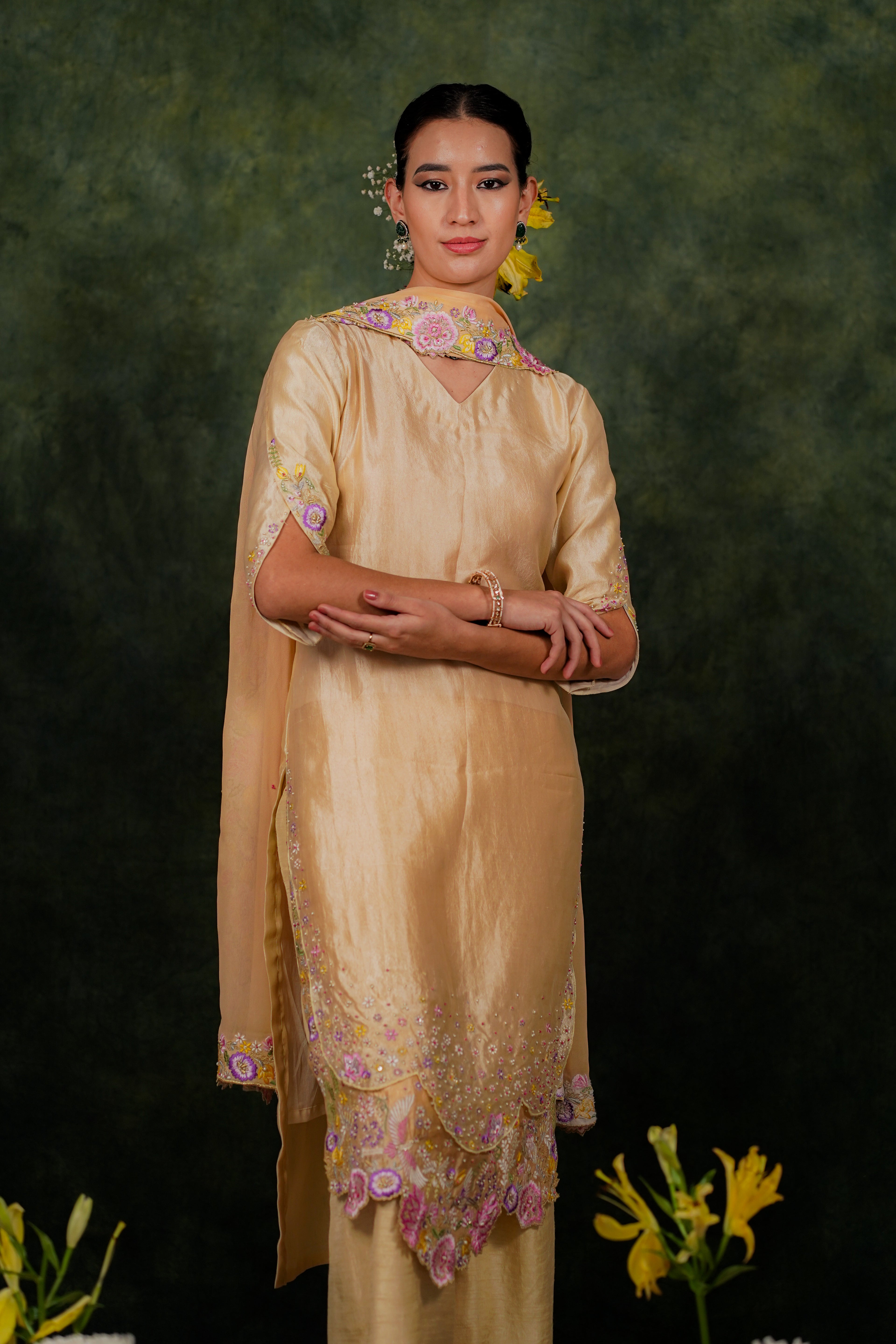 Zahraé Mellow Gold Dupion Silk Kurta Set Georgette Dupatta