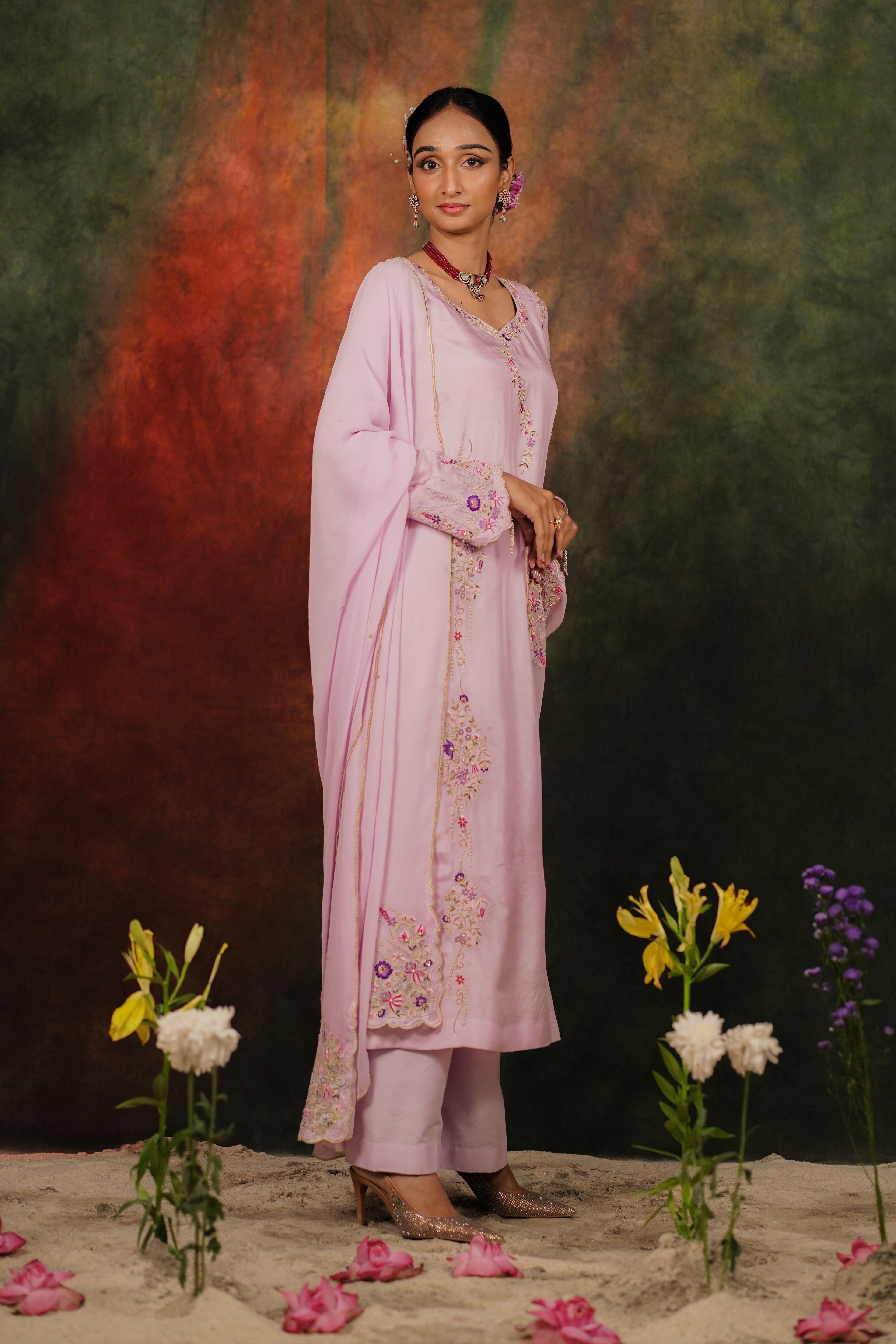 Seher Lilac Habutai Silk Kurta Set With Georgette Dupatta