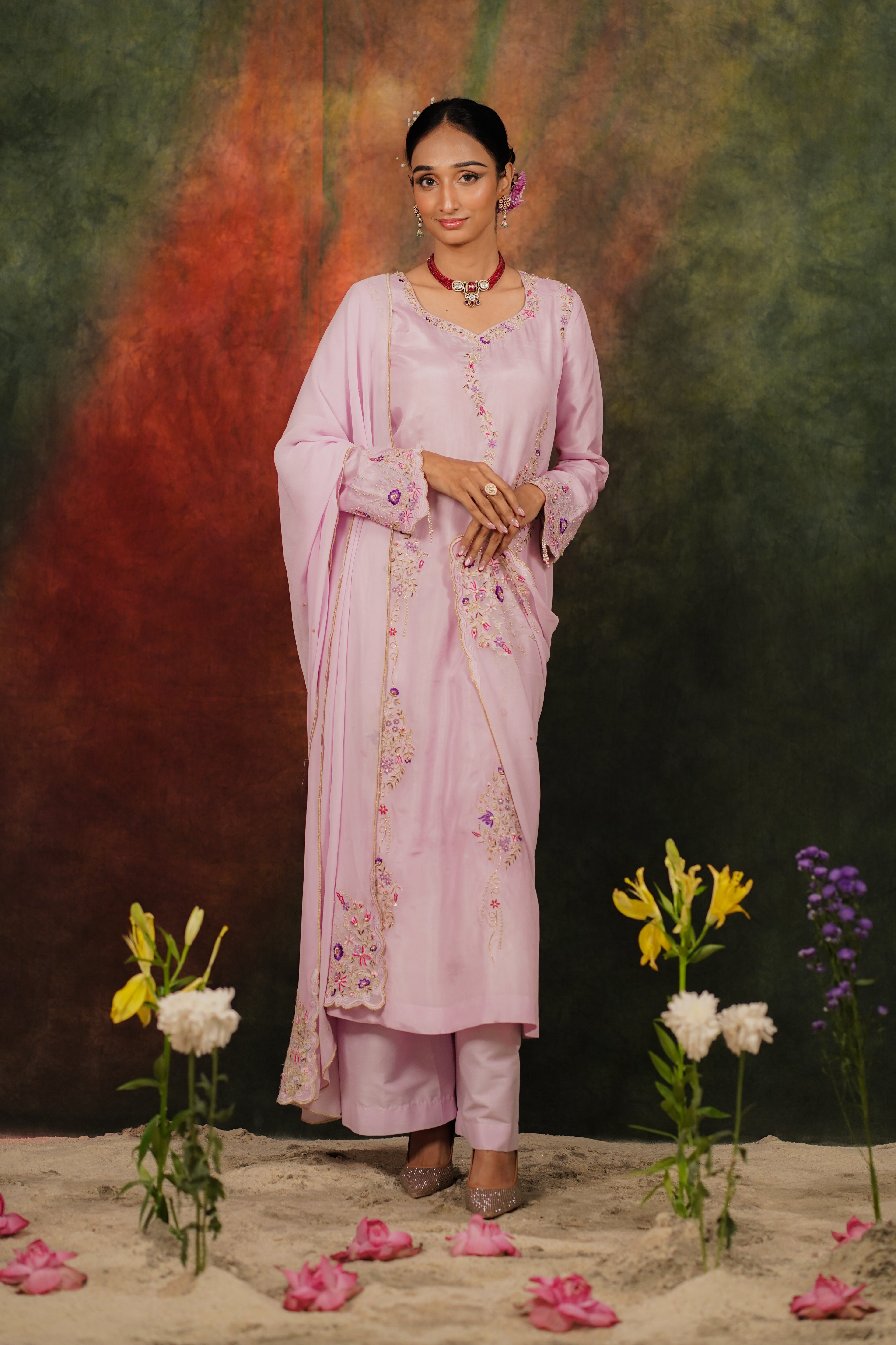 Seher Lilac Habutai Silk Kurta Set With Georgette Dupatta