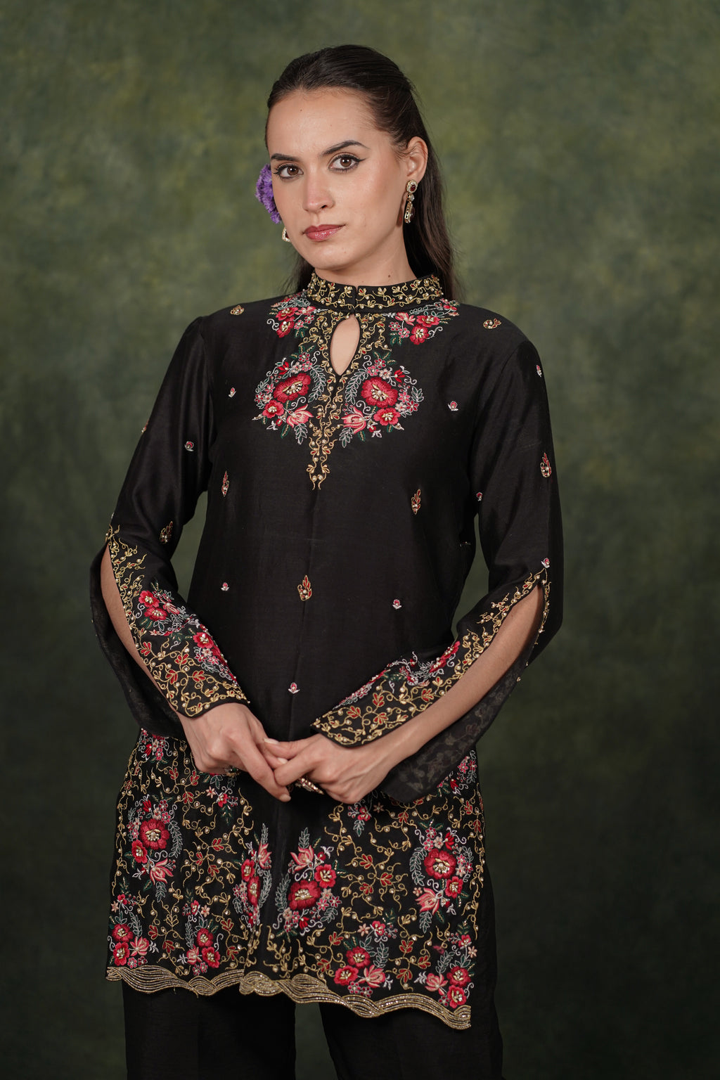 De Lara Black Chanderi Kurta With Silk Pant