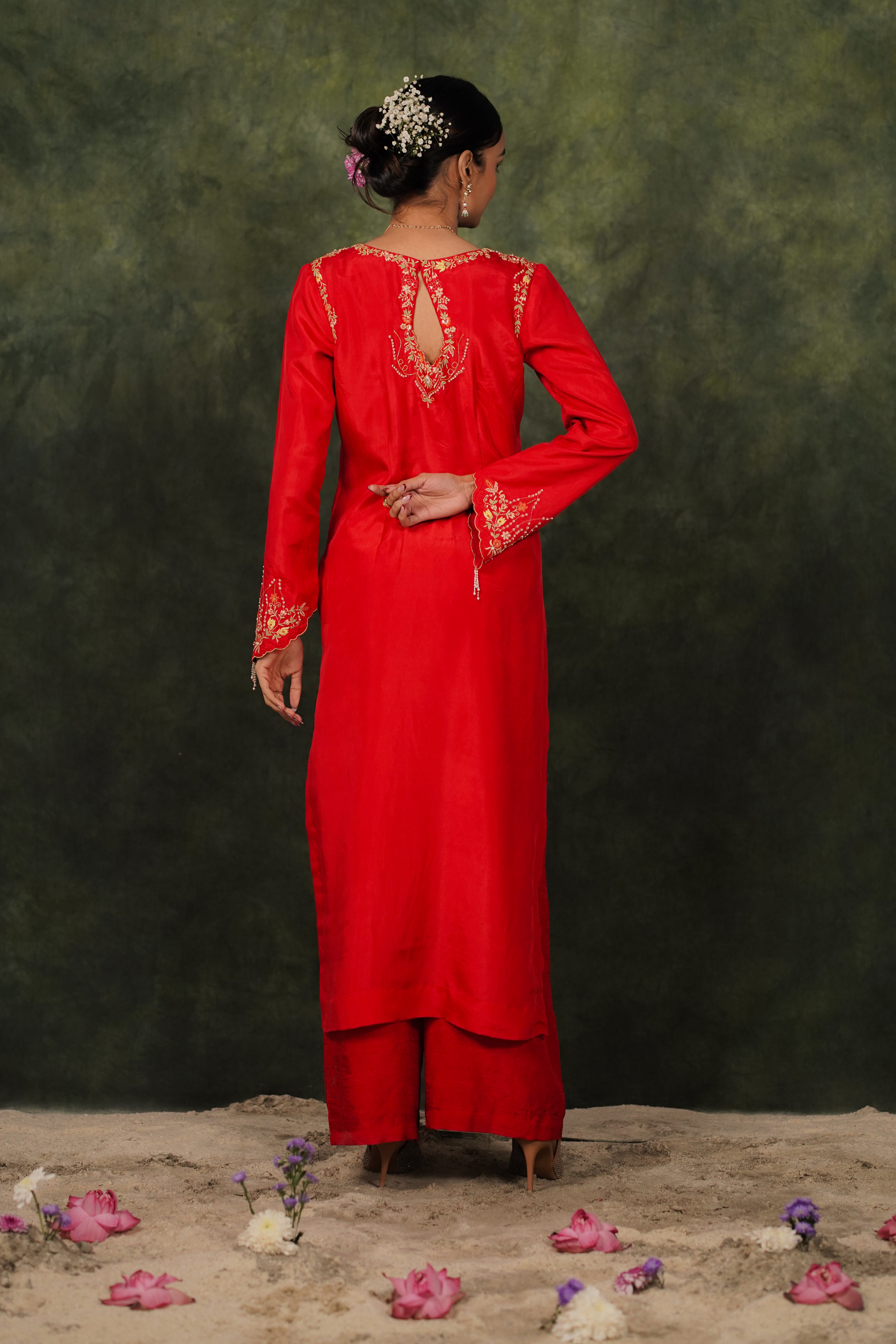 Seher Ruby Red Habutai Silk Kurta Set With Georgette Dupatta