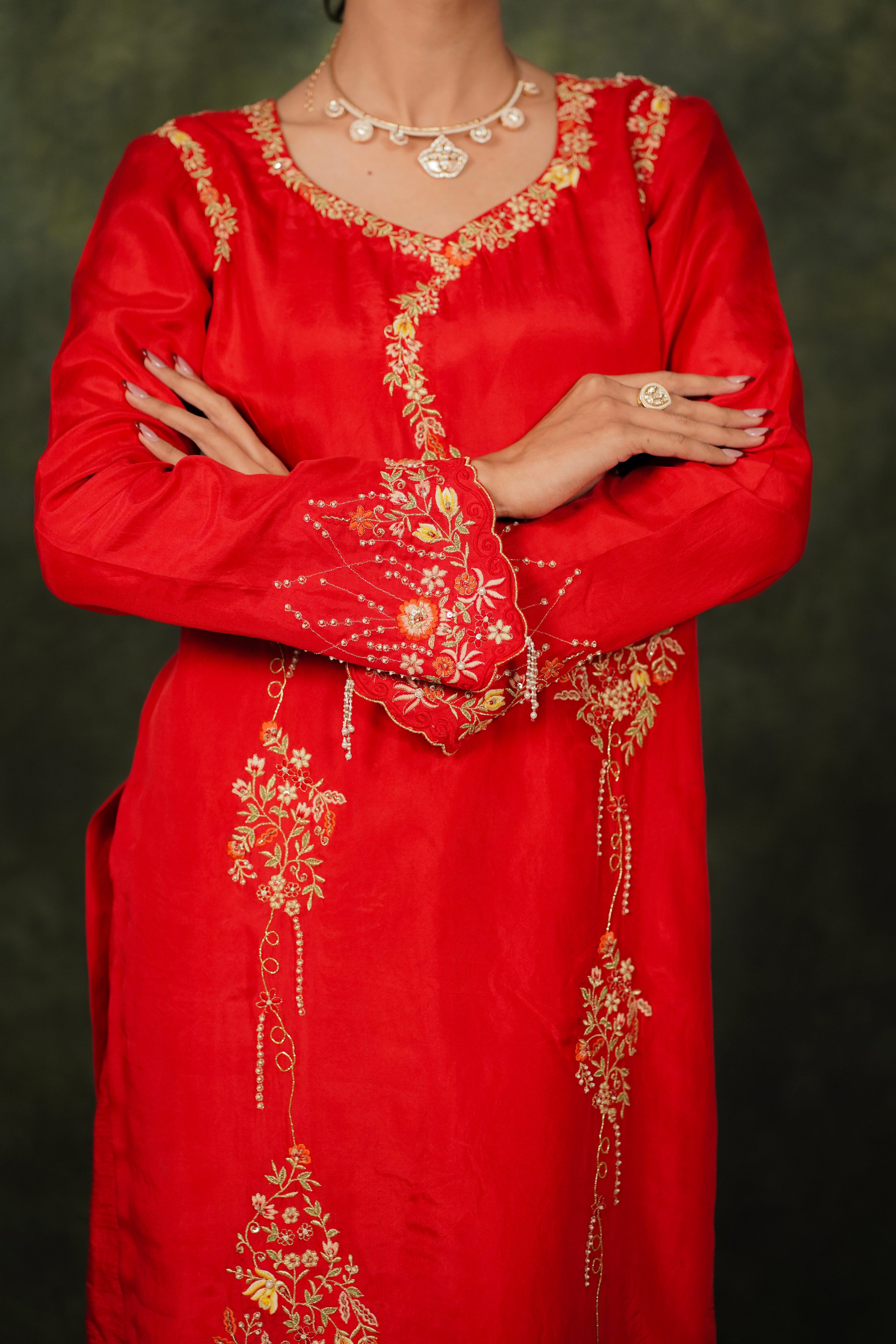 Seher Ruby Red Habutai Silk Kurta Set With Georgette Dupatta