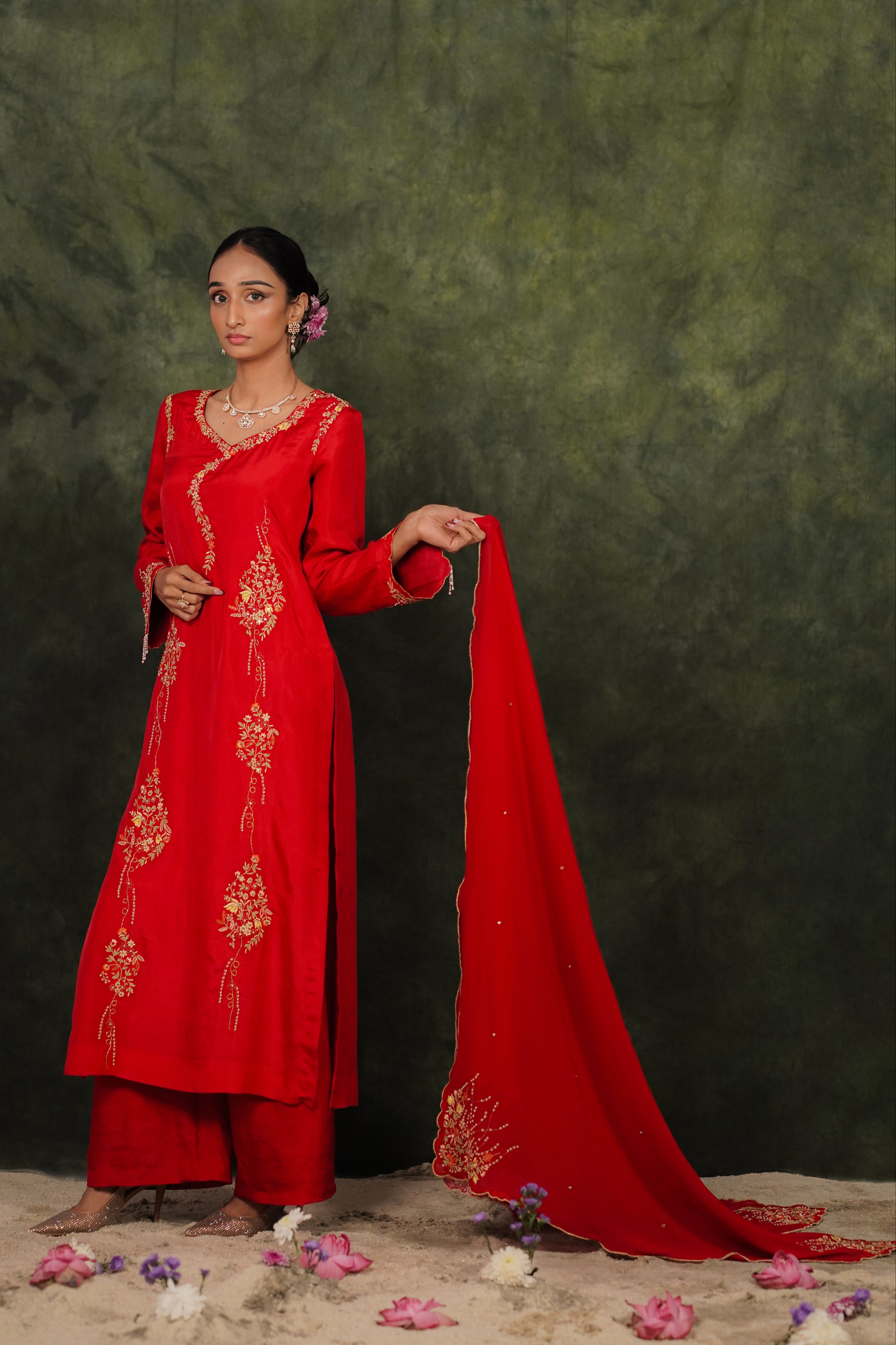 Seher Ruby Red Habutai Silk Kurta Set With Georgette Dupatta