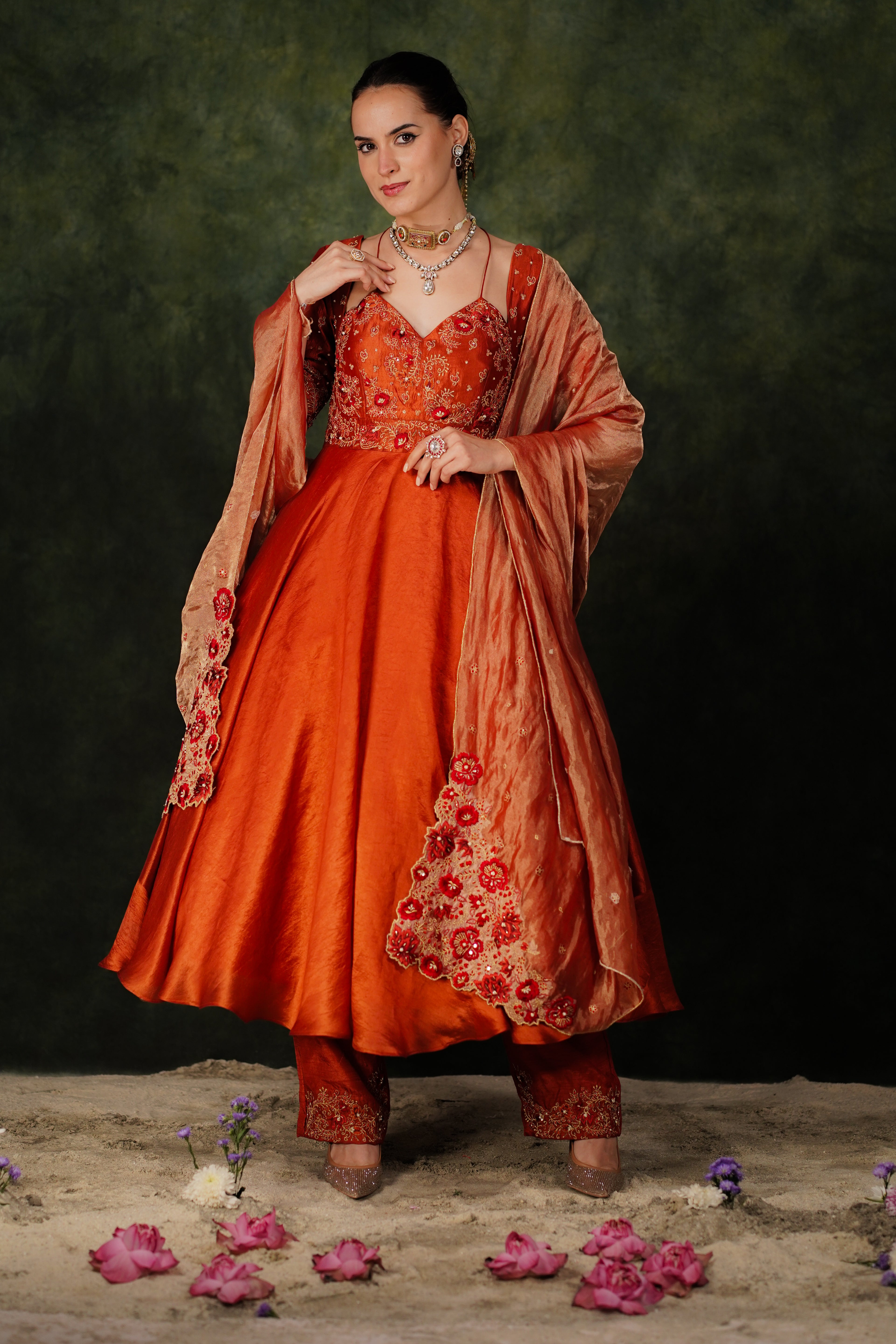 Falak Anarkali Chilli Oil Dupion Silk Set With Tissue Dupatta