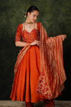 Falak Anarkali Chilli Oil Dupion Silk Set