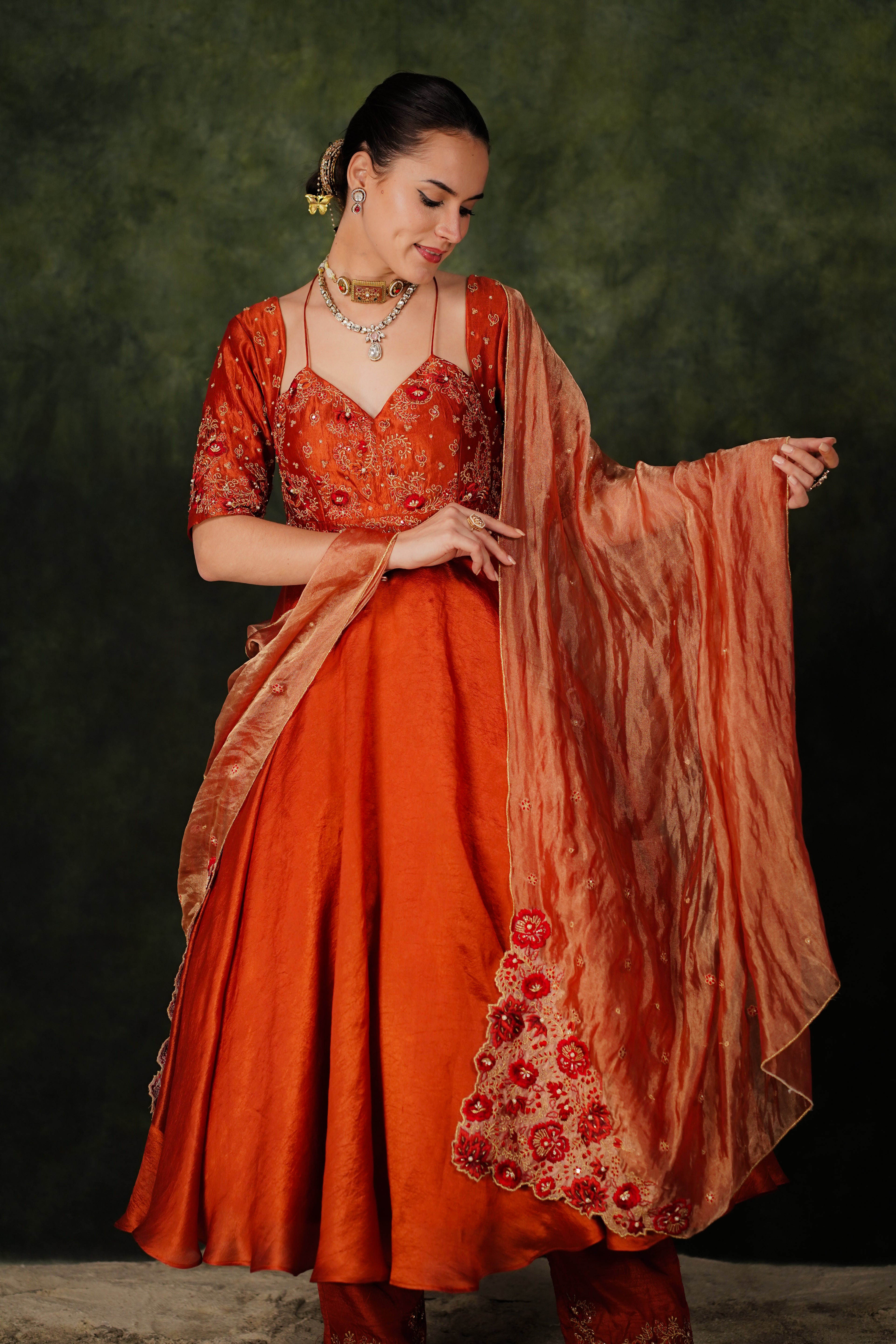 Falak Anarkali Chilli Oil Dupion Silk Set With Tissue Dupatta