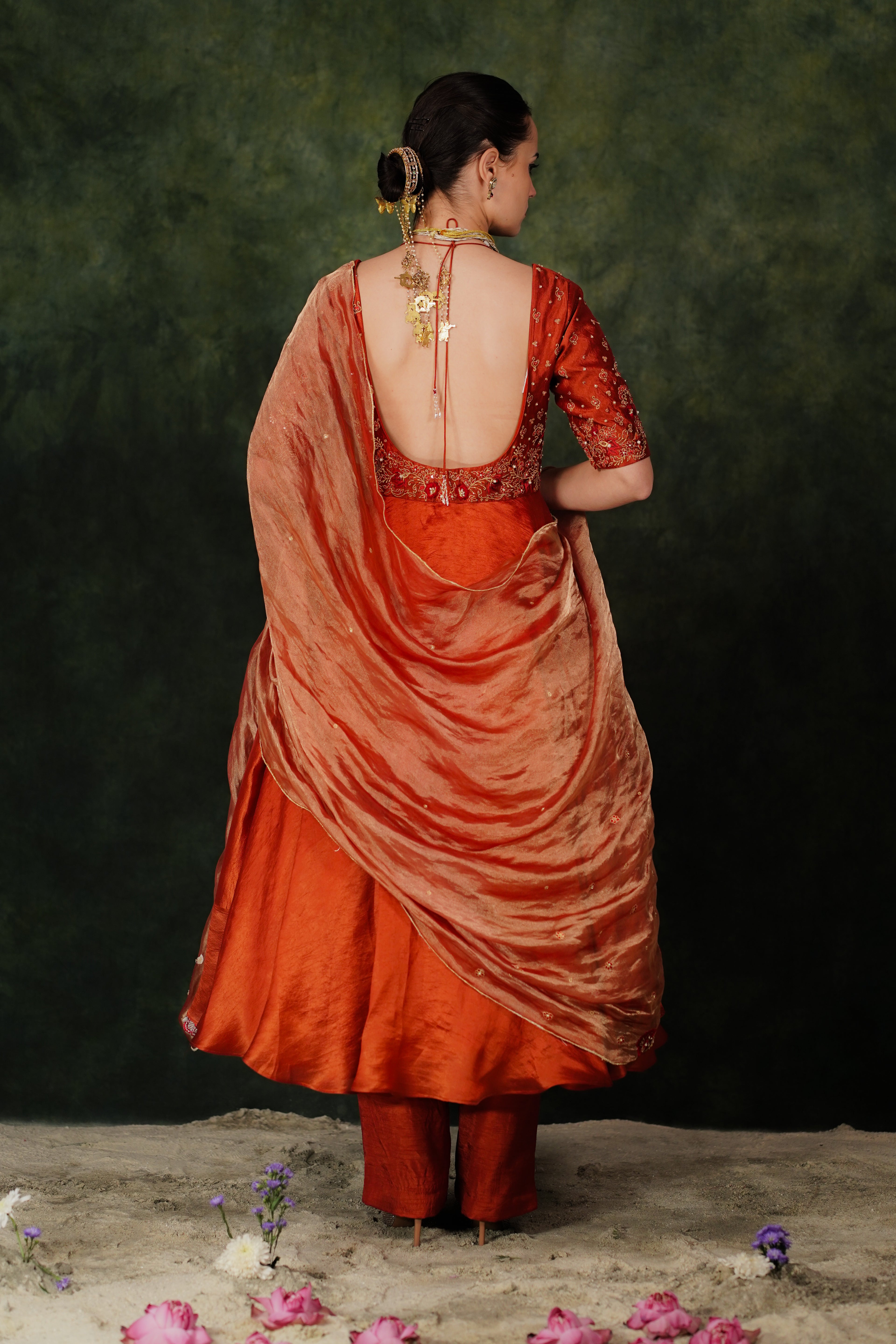 Falak Anarkali Chilli Oil Dupion Silk Set With Tissue Dupatta