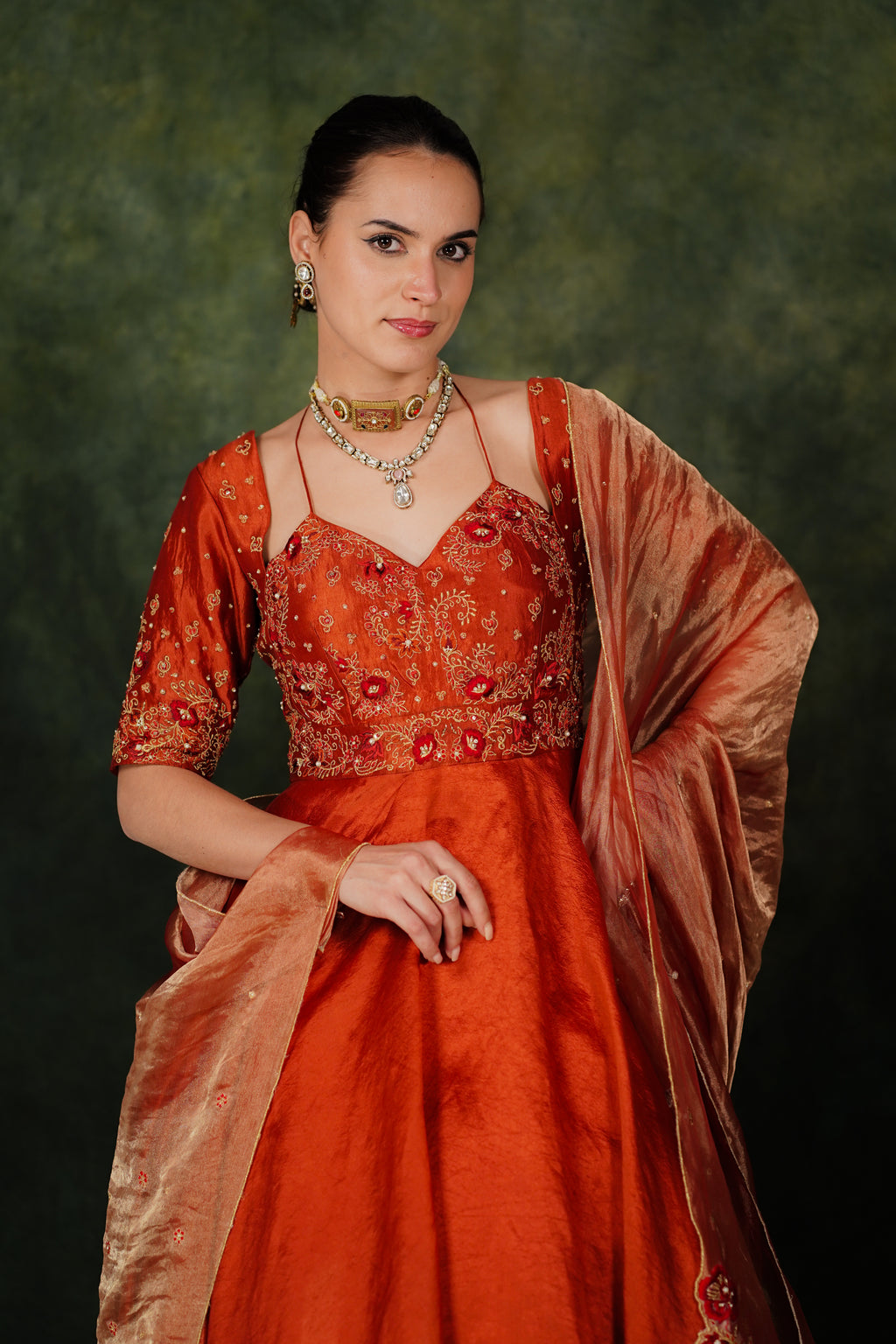 Falak Anarkali Chilli Oil Dupion Silk Set