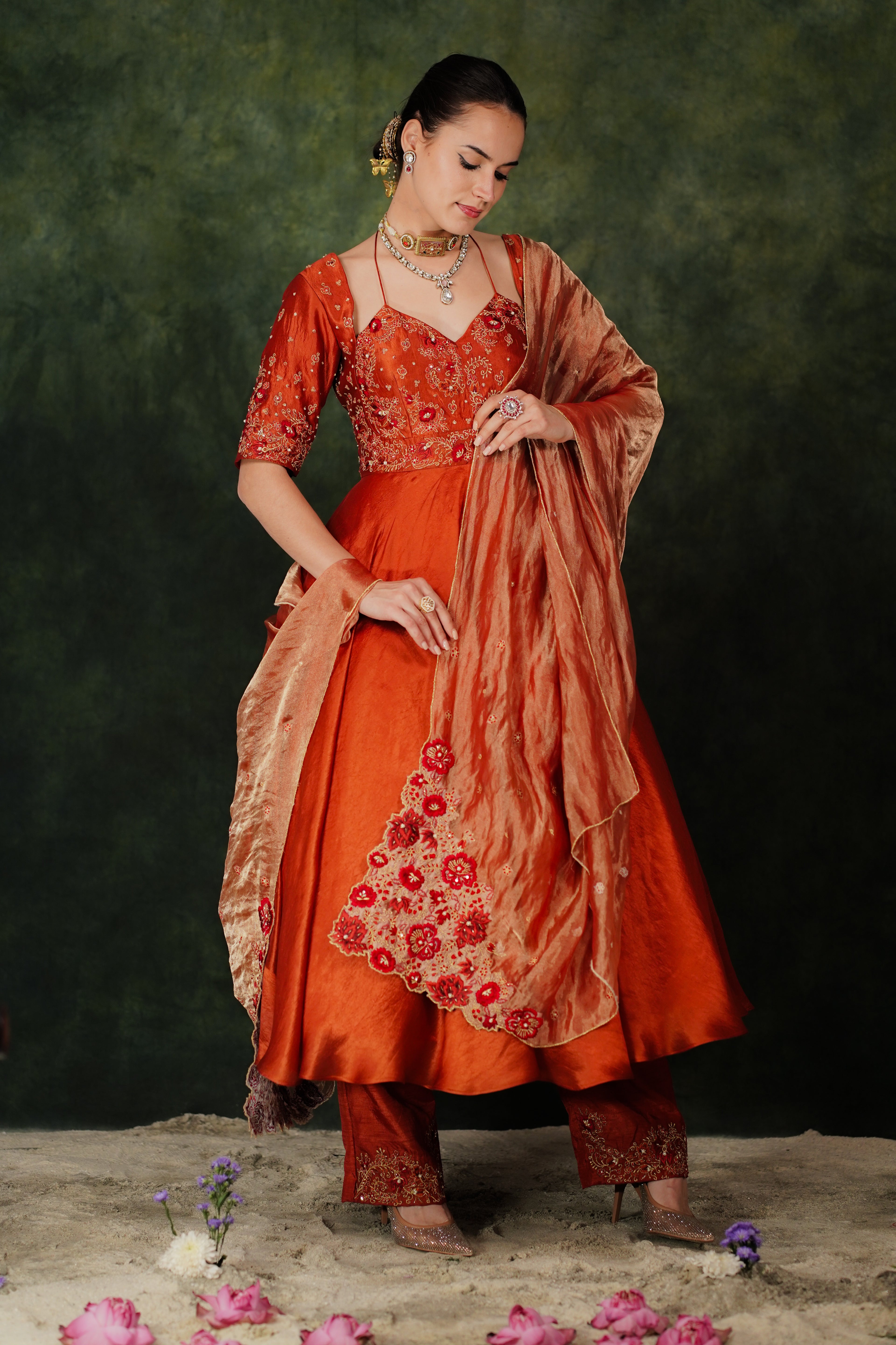 Falak Anarkali Chilli Oil Dupion Silk Set With Tissue Dupatta