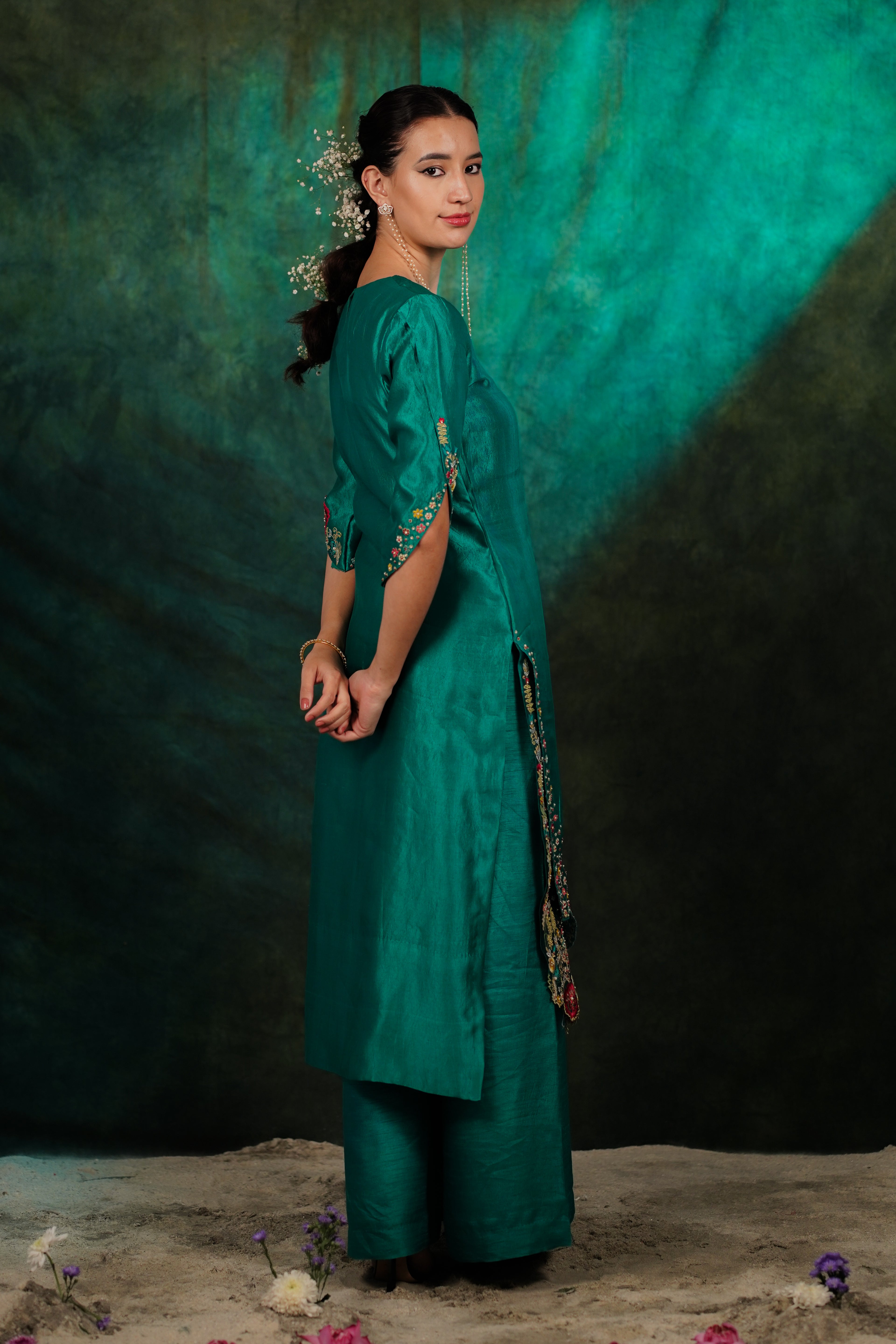 Zahraé Viridian Green Dupion Silk Kurta Set Georgette Dupatta
