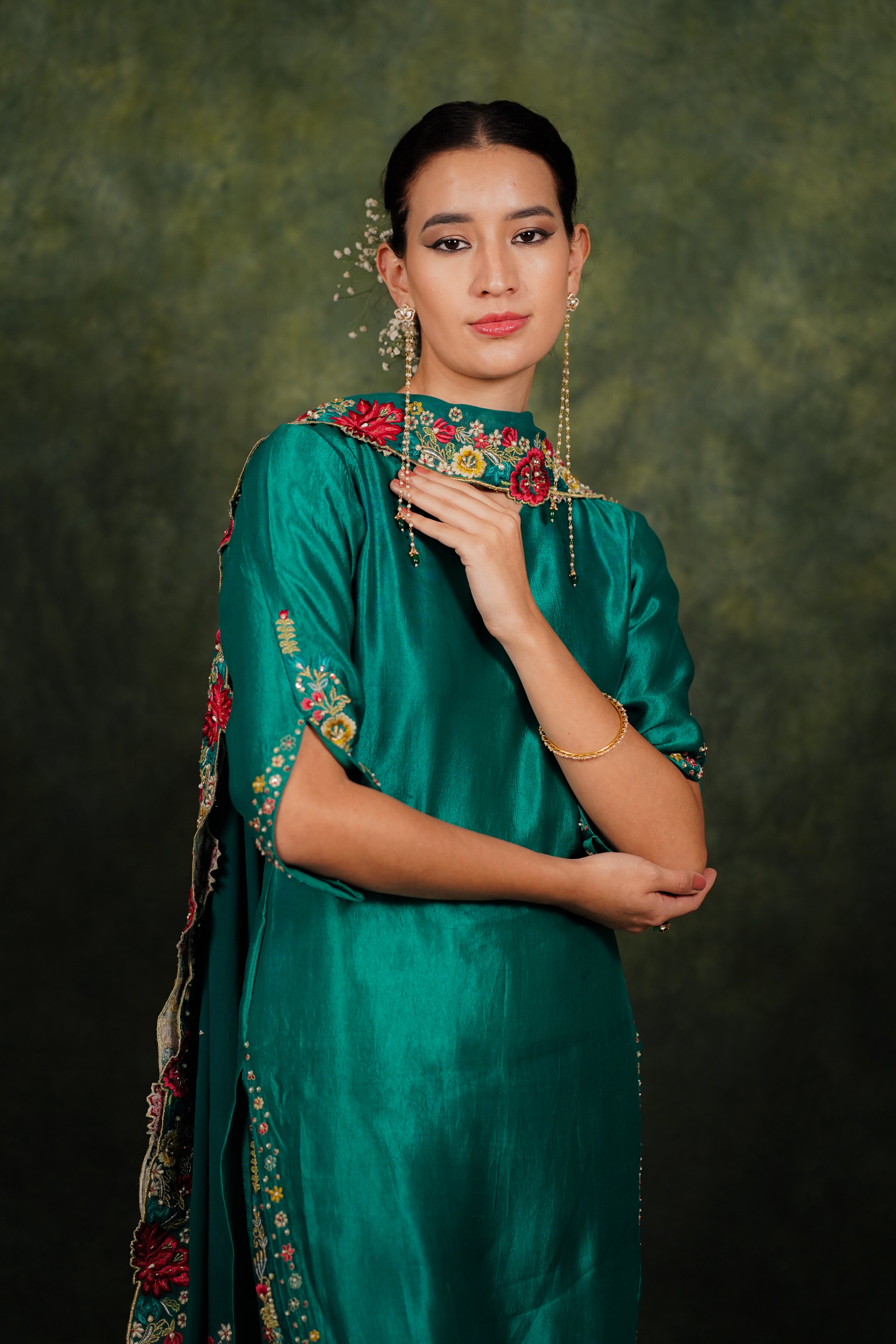 Zahraé Viridian Green Dupion Silk Kurta Set Georgette Dupatta