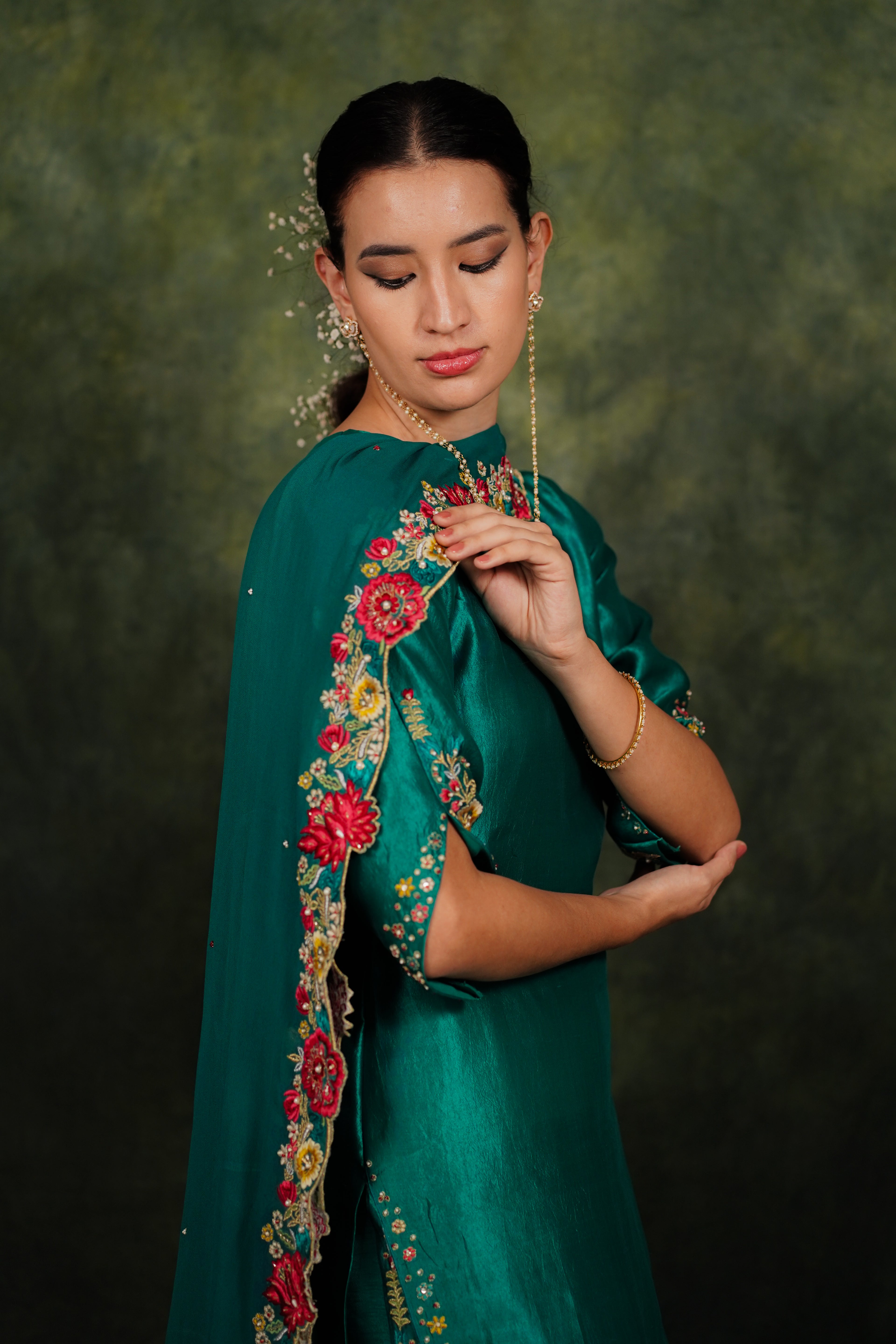 Zahraé Viridian Green Dupion Silk Kurta Set Georgette Dupatta