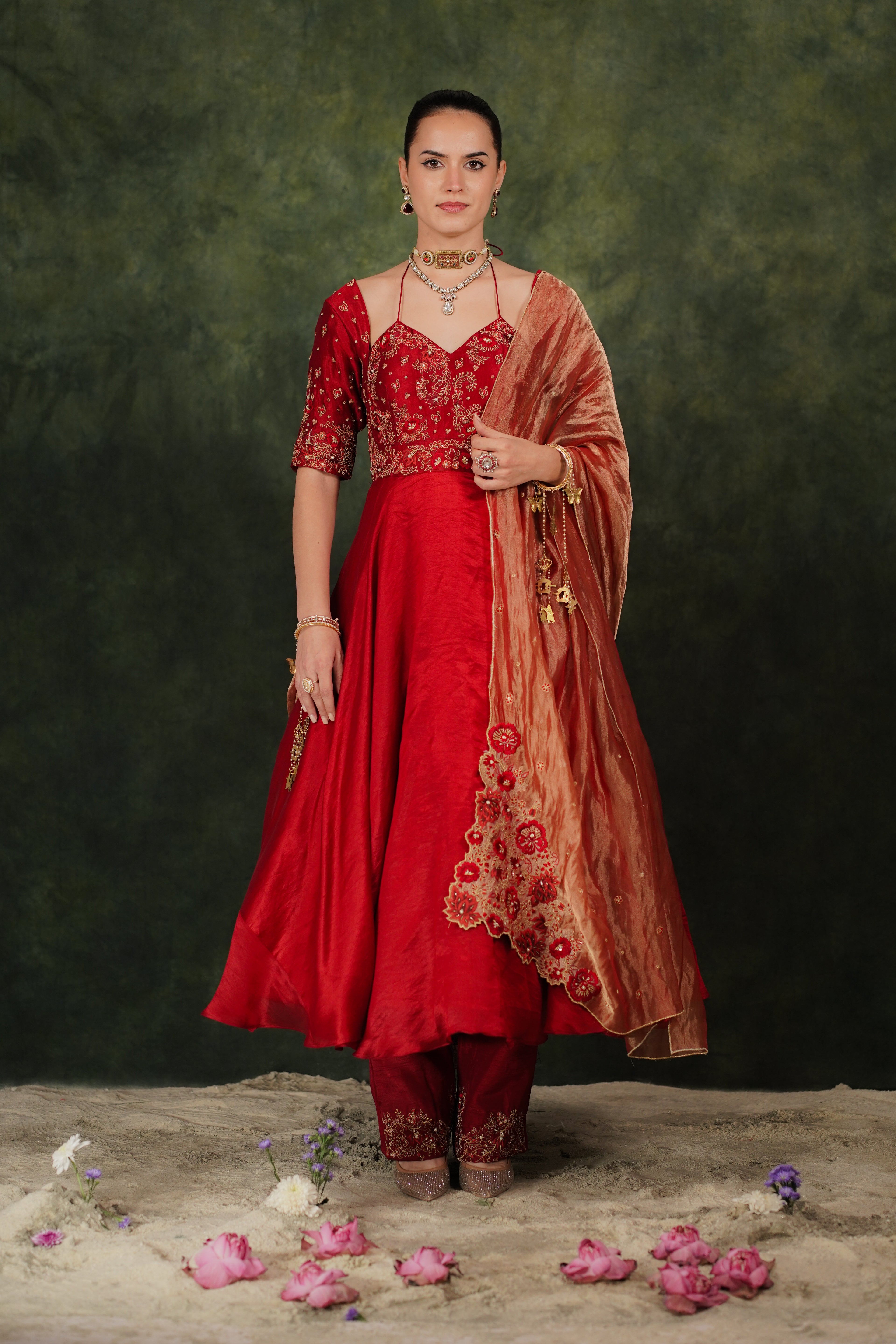 Falak Anarkali Inferno Red Dupion Silk Set With Tissue Dupatta