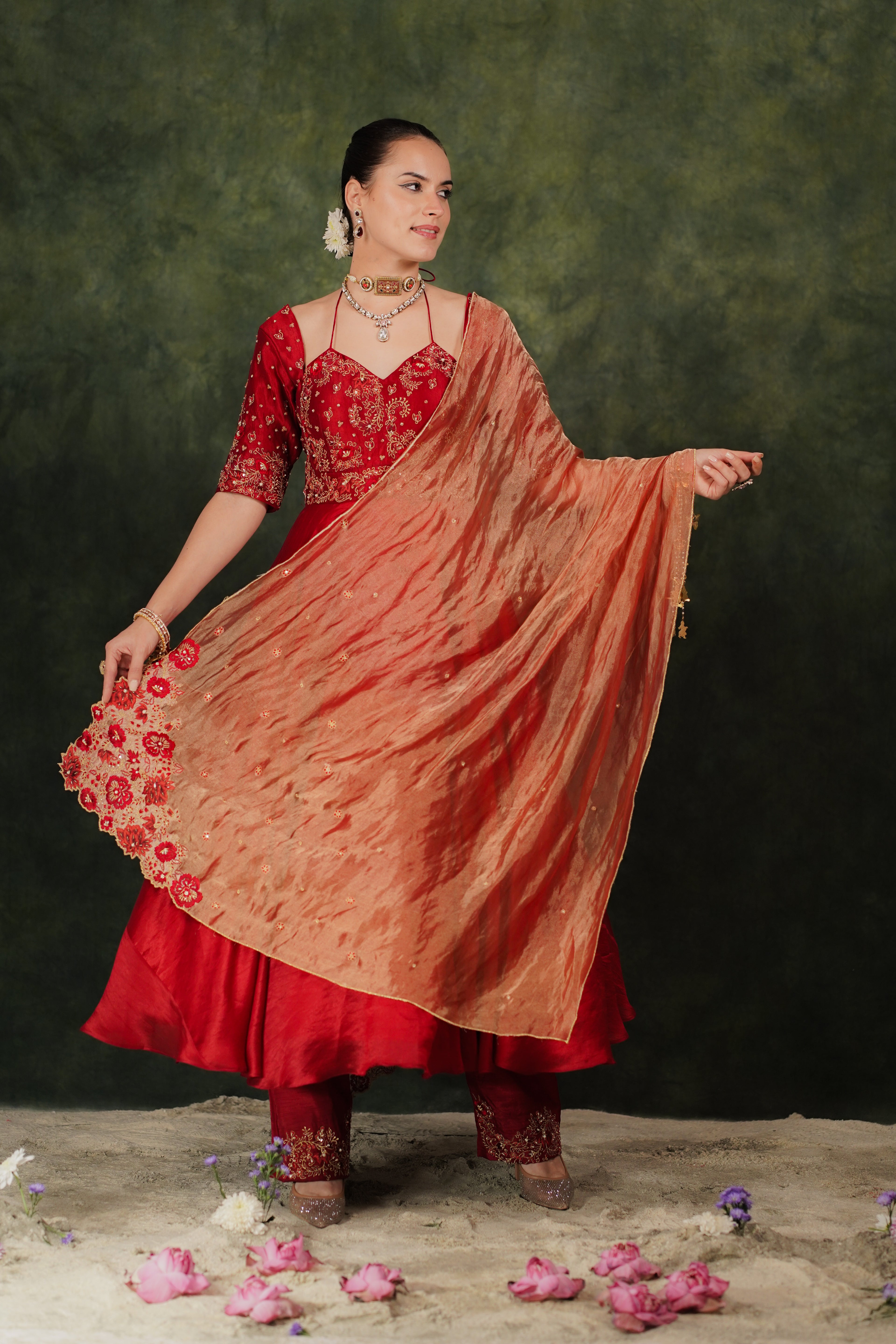 Falak Anarkali Inferno Red Dupion Silk Set With Tissue Dupatta