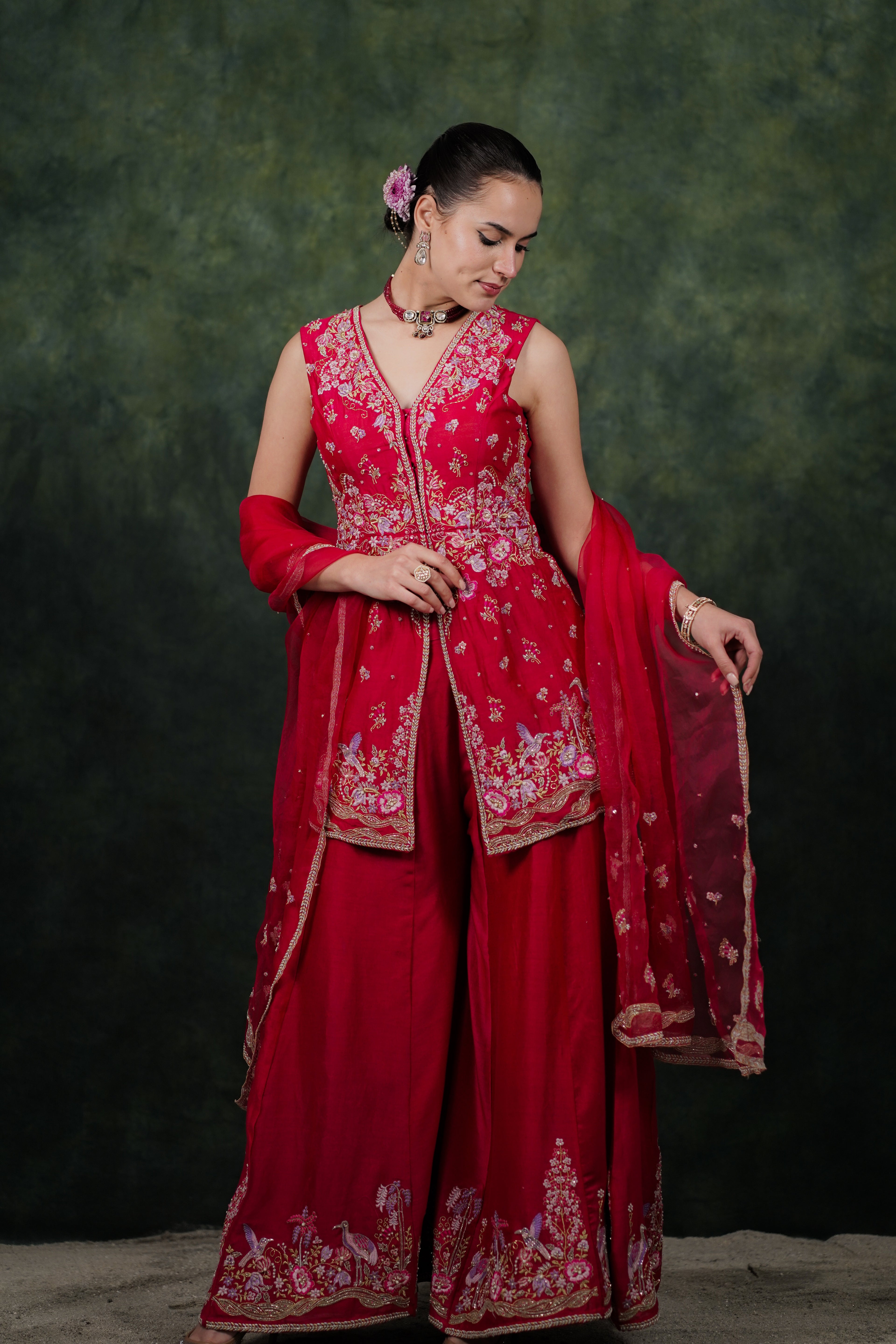 Shagufta Raspberry Pink Chanderi Silk Sharara Set With Organza Dupatta