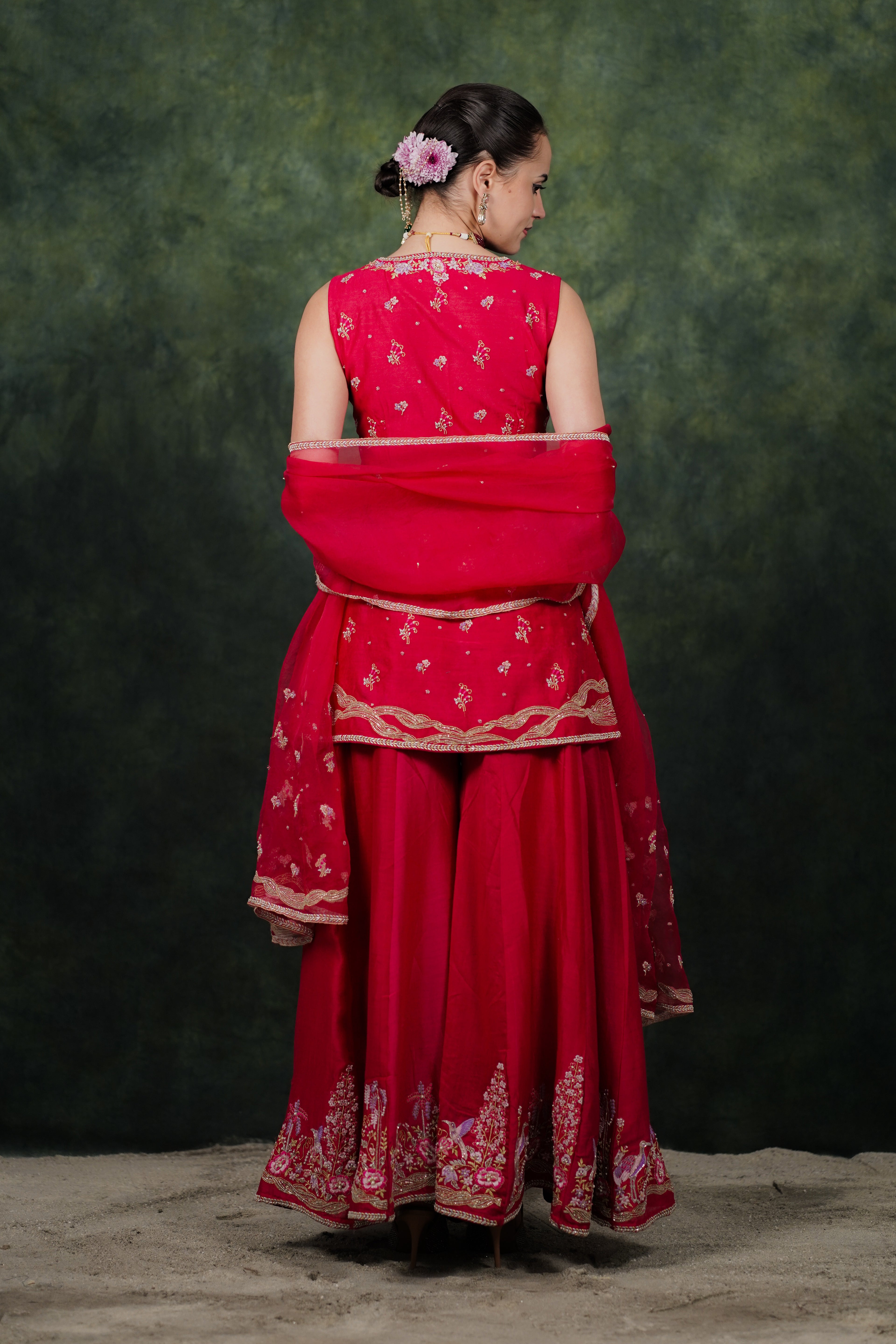 Shagufta Raspberry Pink Chanderi Silk Sharara Set With Organza Dupatta