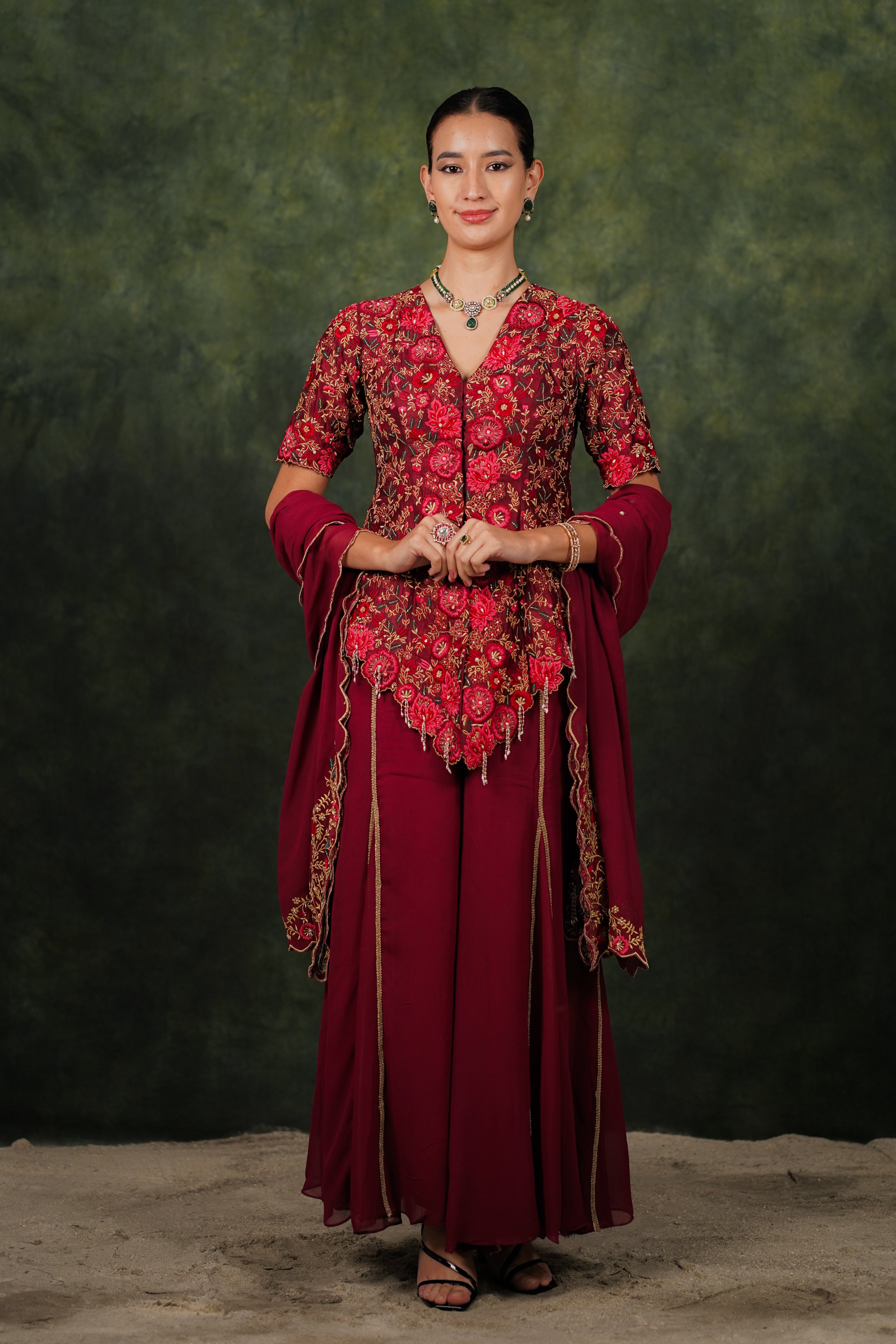 Fariba Red Wine Dupion Silk Kurta Set