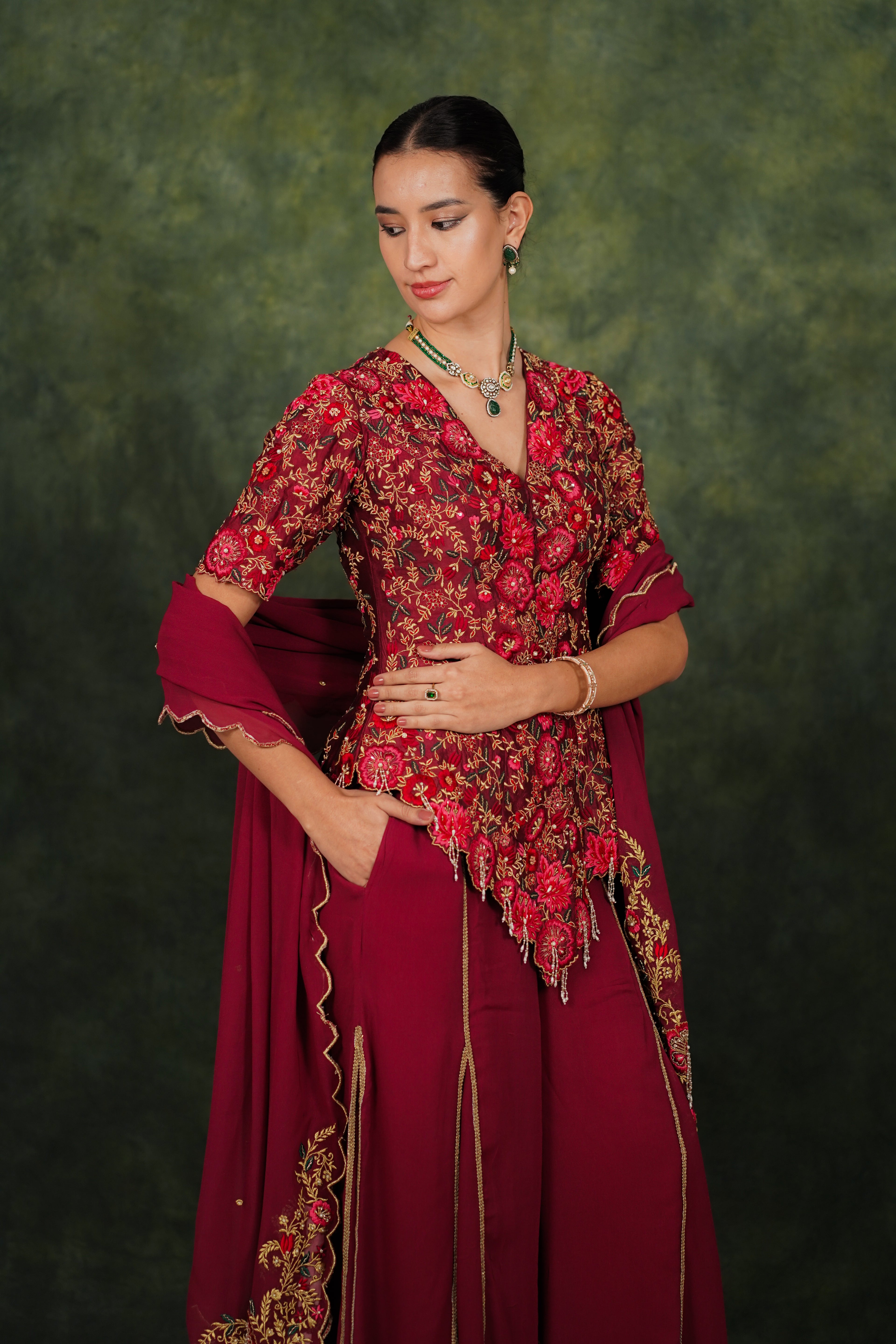 Fariba Red Wine Dupion Silk Kurta Set With Georgette Dupatta