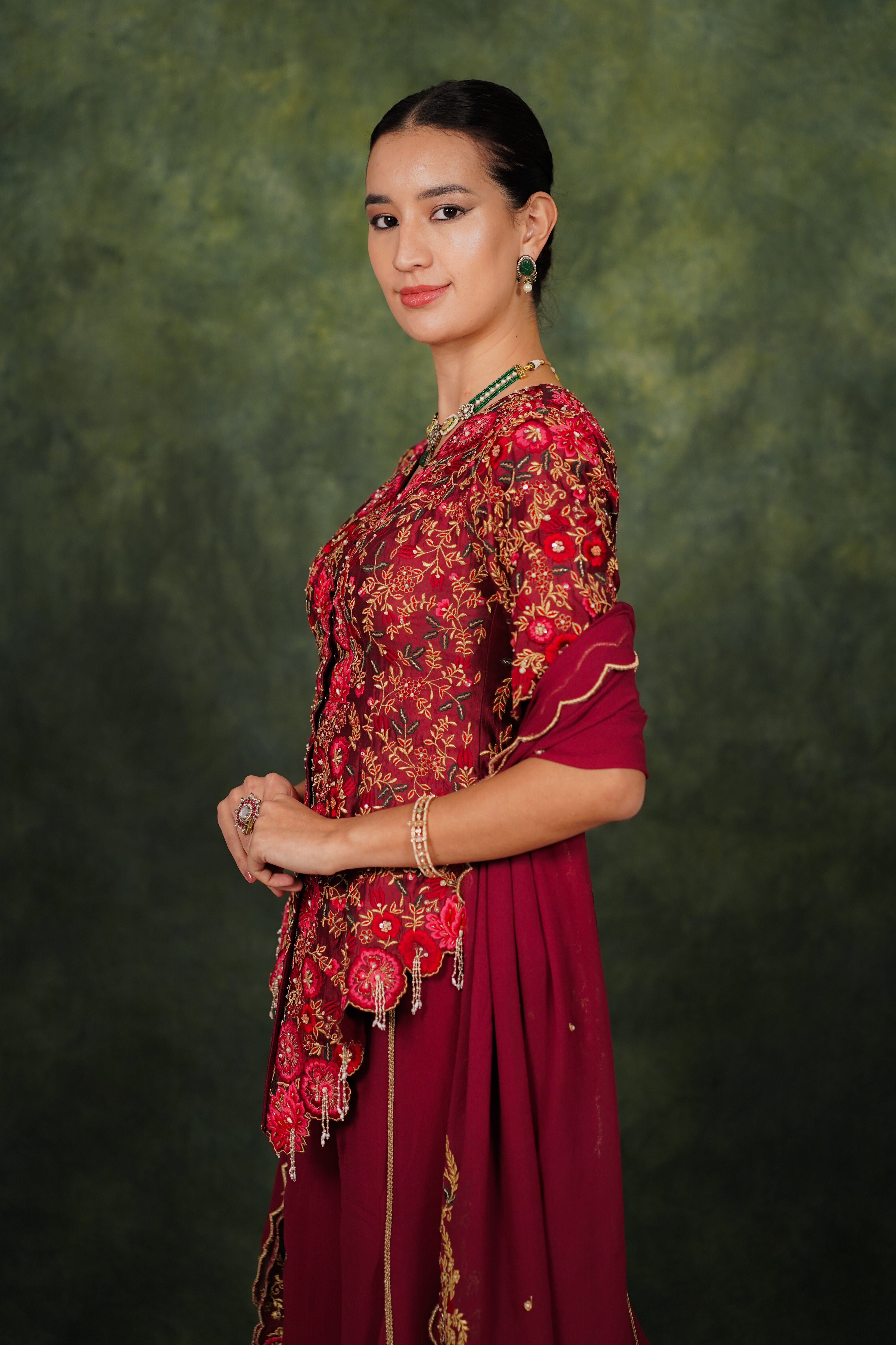 Fariba Red Wine Dupion Silk Kurta Set With Georgette Dupatta