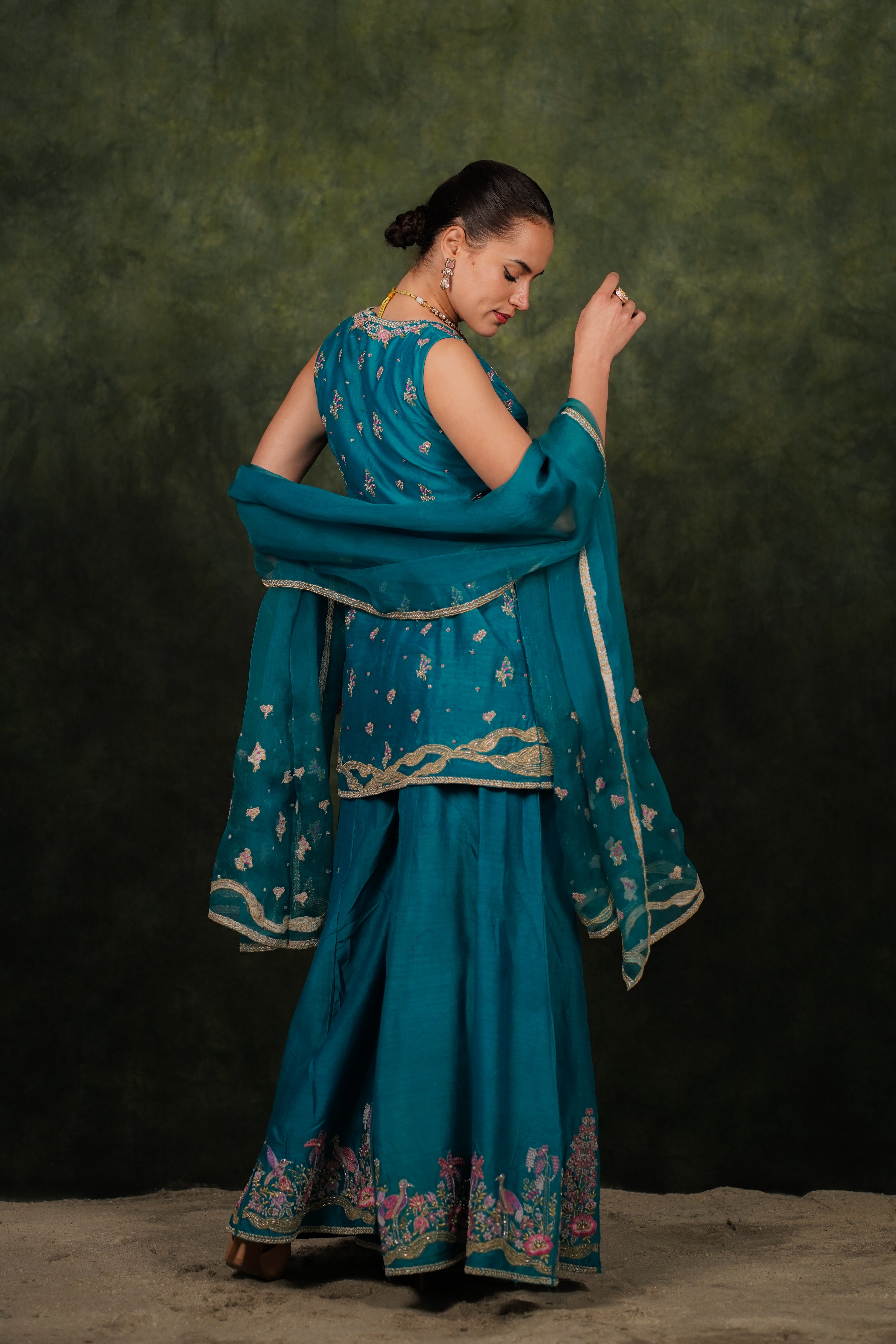 Shagufta Turquoise Chanderi Silk Sharara Set With Organza Dupatta