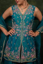 Shagufta Turquoise Chanderi Silk Sharara Set