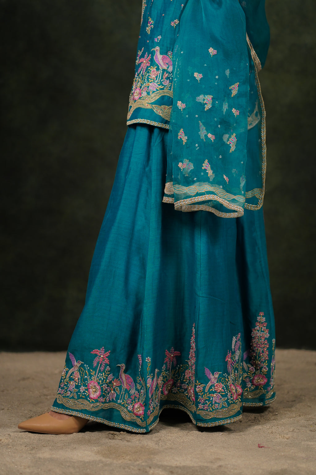 Shagufta Turquoise Chanderi Silk Sharara Set