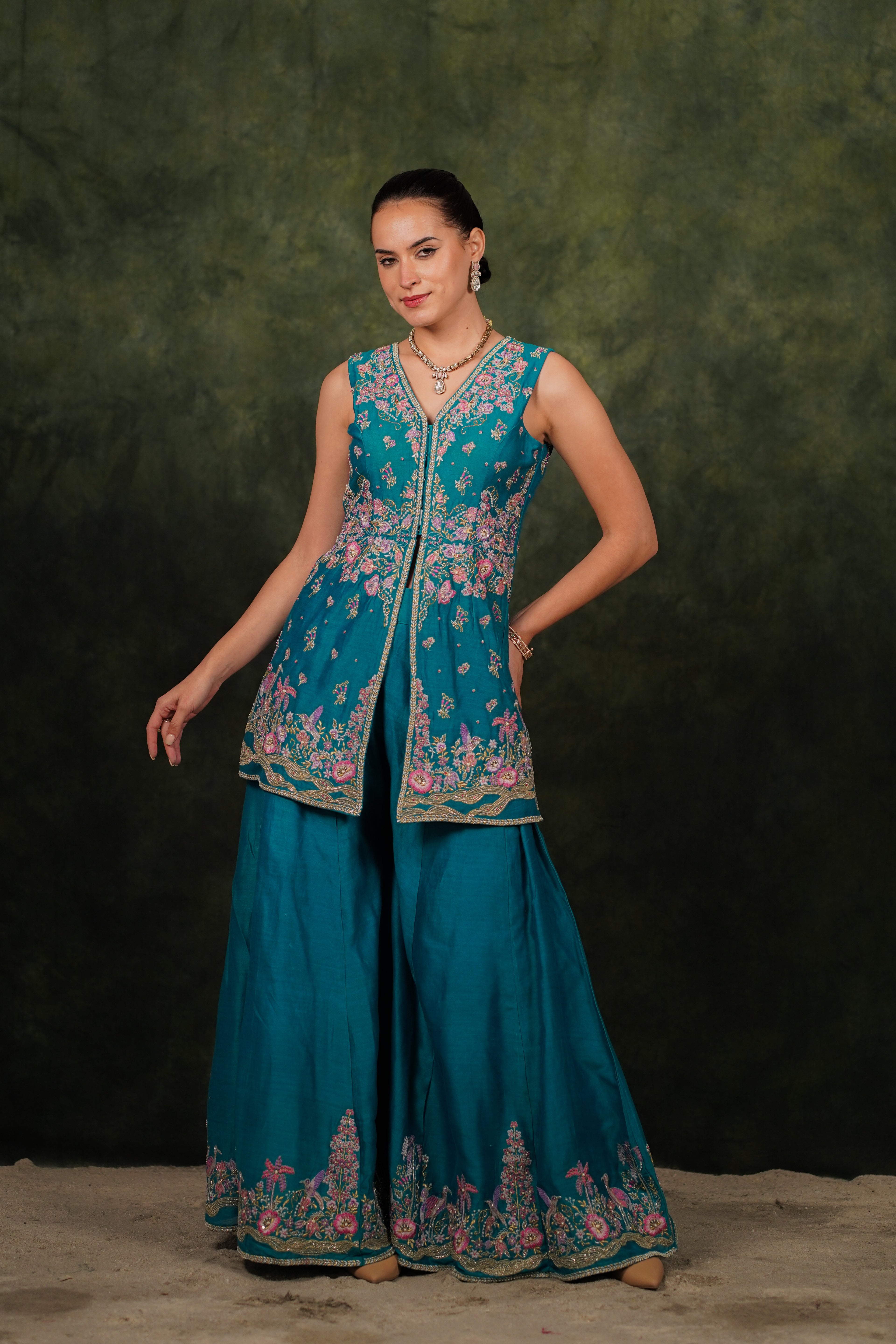 Shagufta Turquoise Chanderi Silk Sharara Set With Organza Dupatta