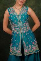 Shagufta Turquoise Chanderi Silk Sharara Set