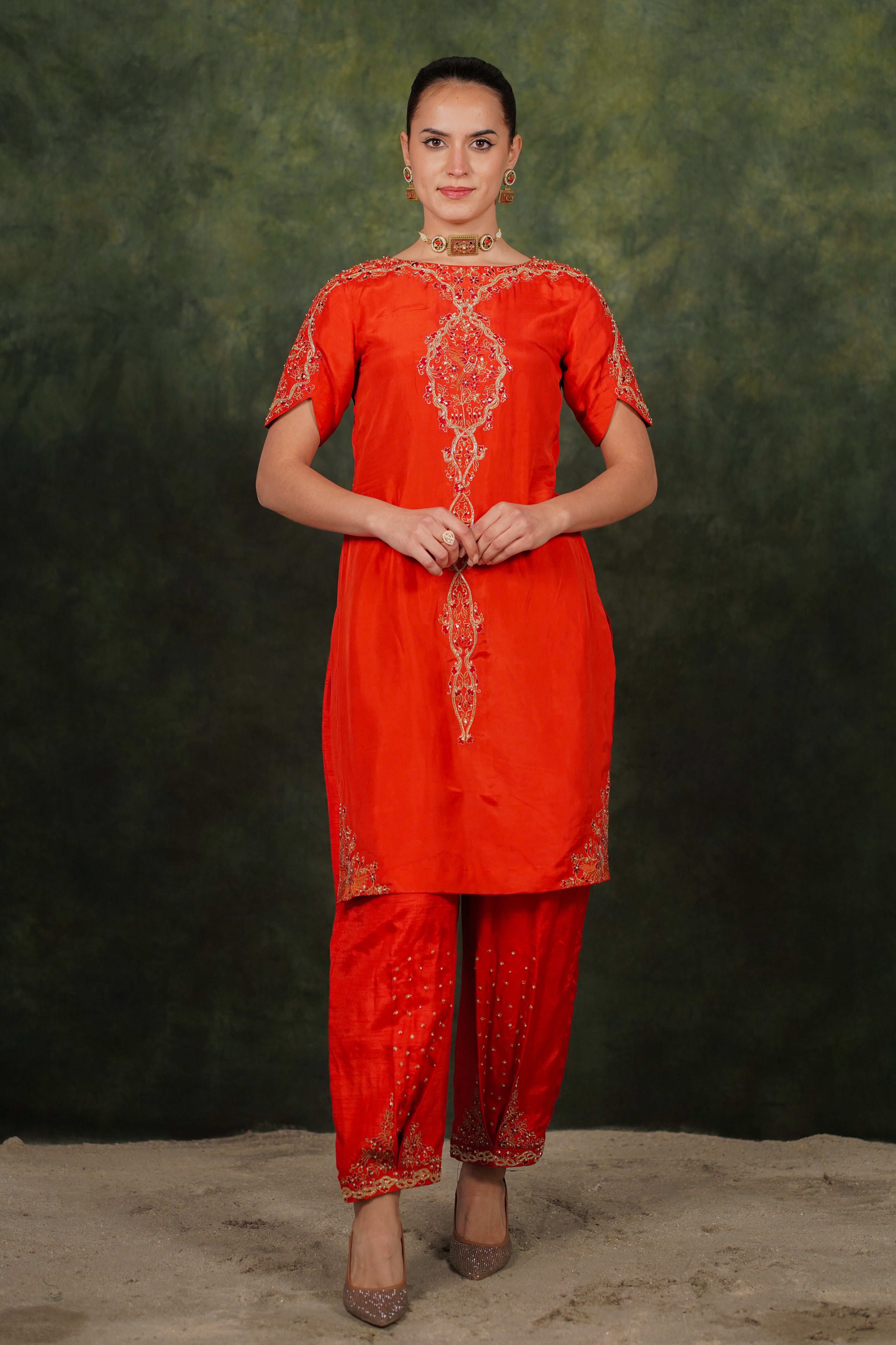 Arina Burnt Orange Habutai Silk Kurta Set With Tissue Dupatta