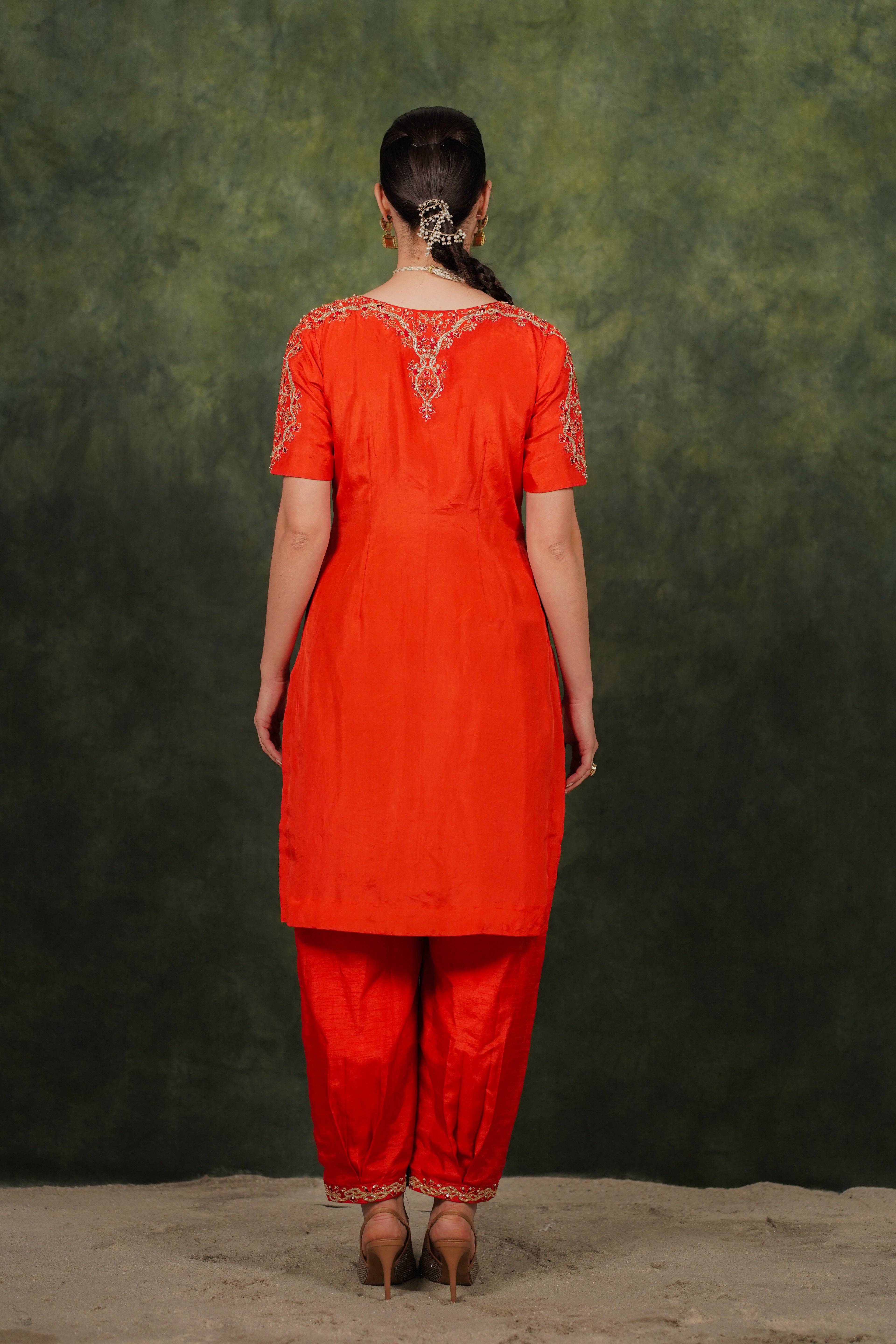 Arina Burnt Orange Habutai Silk Kurta Set With Tissue Dupatta