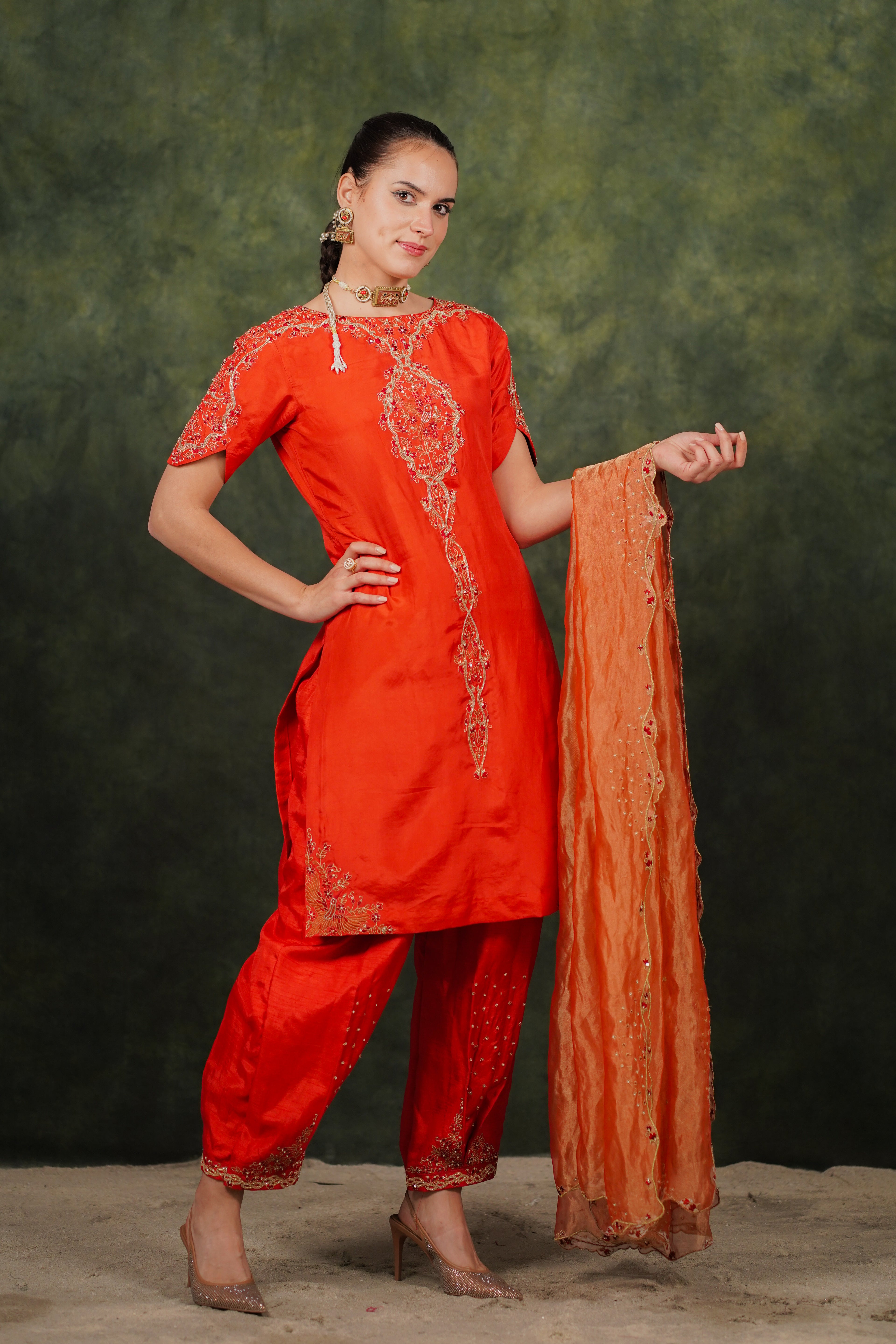 Arina Burnt Orange Habutai Silk Kurta Set With Tissue Dupatta