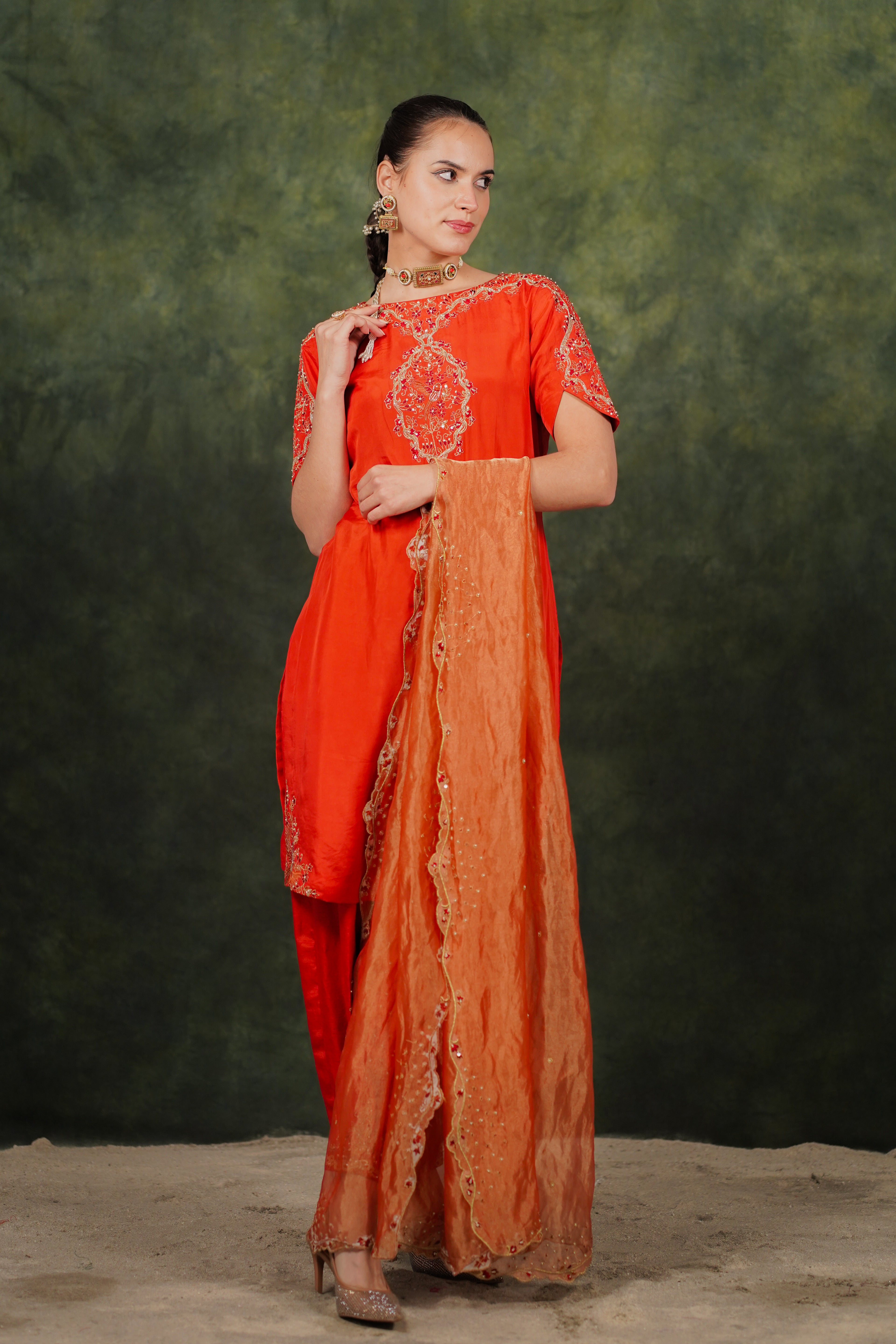 Arina Burnt Orange Habutai Silk Kurta Set With Tissue Dupatta