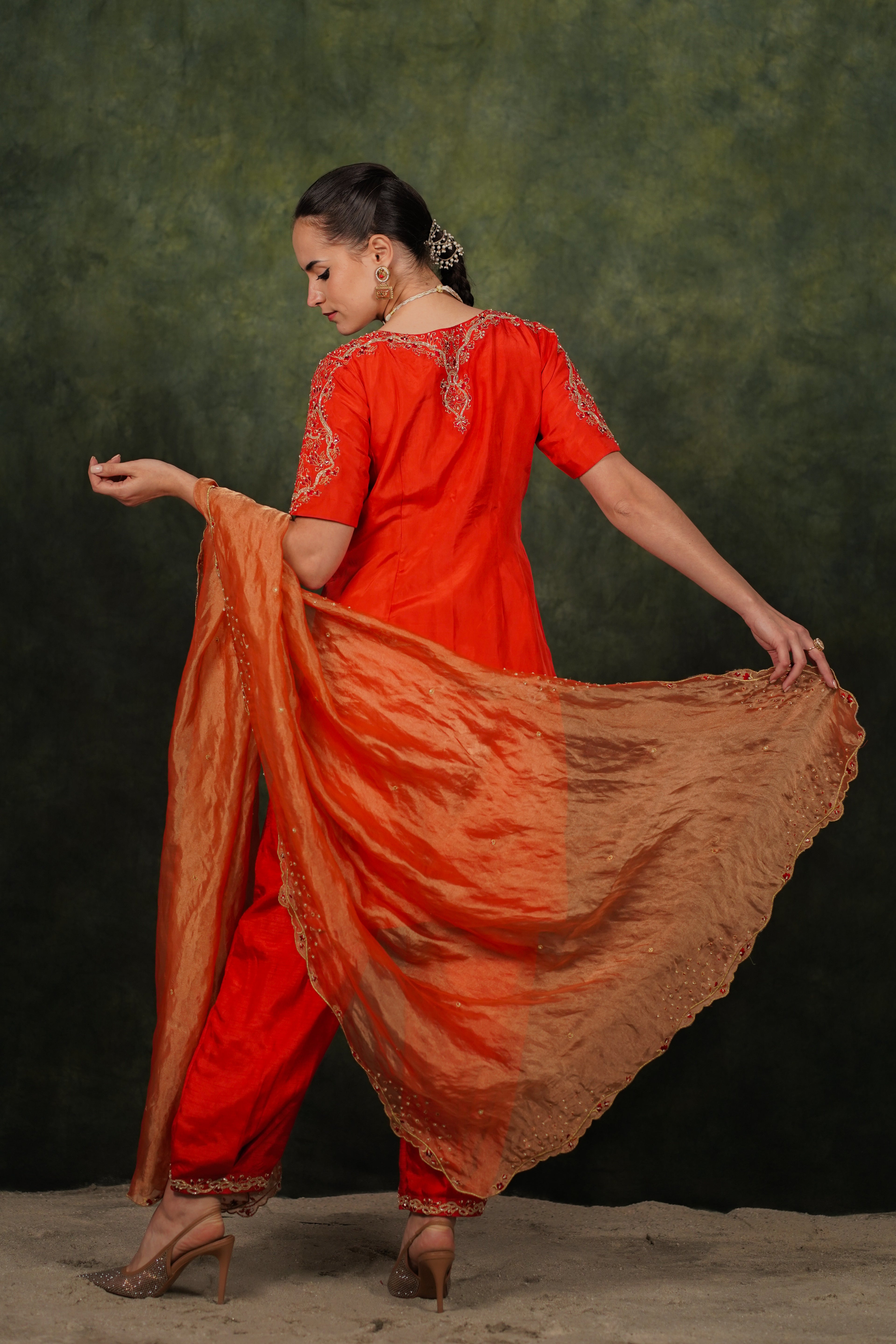 Arina Burnt Orange Habutai Silk Kurta Set With Tissue Dupatta